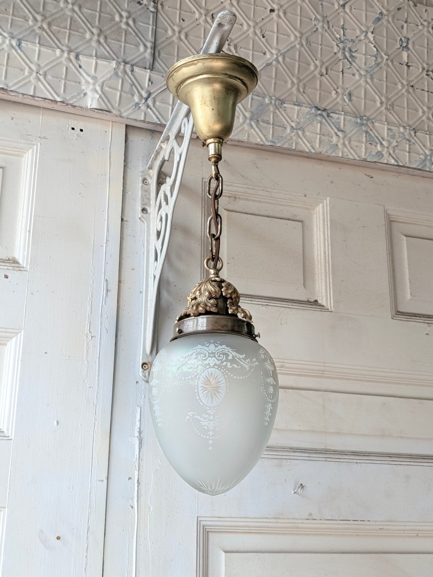 Vintage Cut Glass Egg Globe Pendant Light, Irridescent Glass Fixture