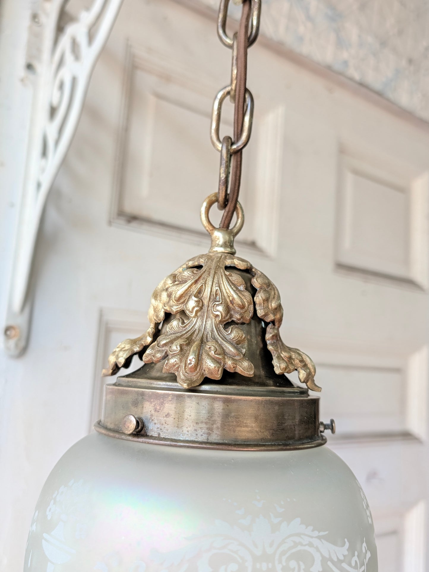 Vintage Cut Glass Egg Globe Pendant Light, Irridescent Glass Fixture