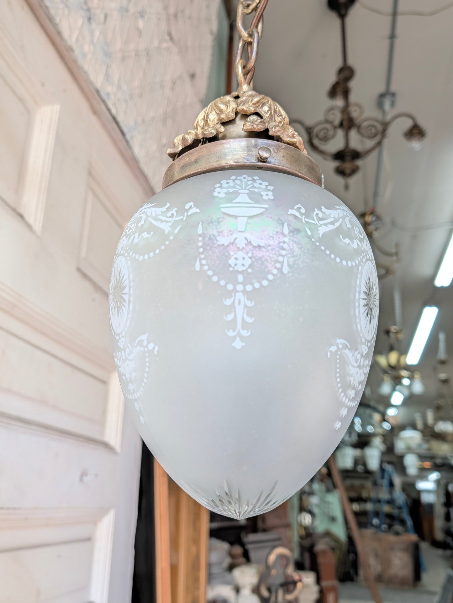 Vintage Cut Glass Egg Globe Pendant Light, Irridescent Glass Fixture