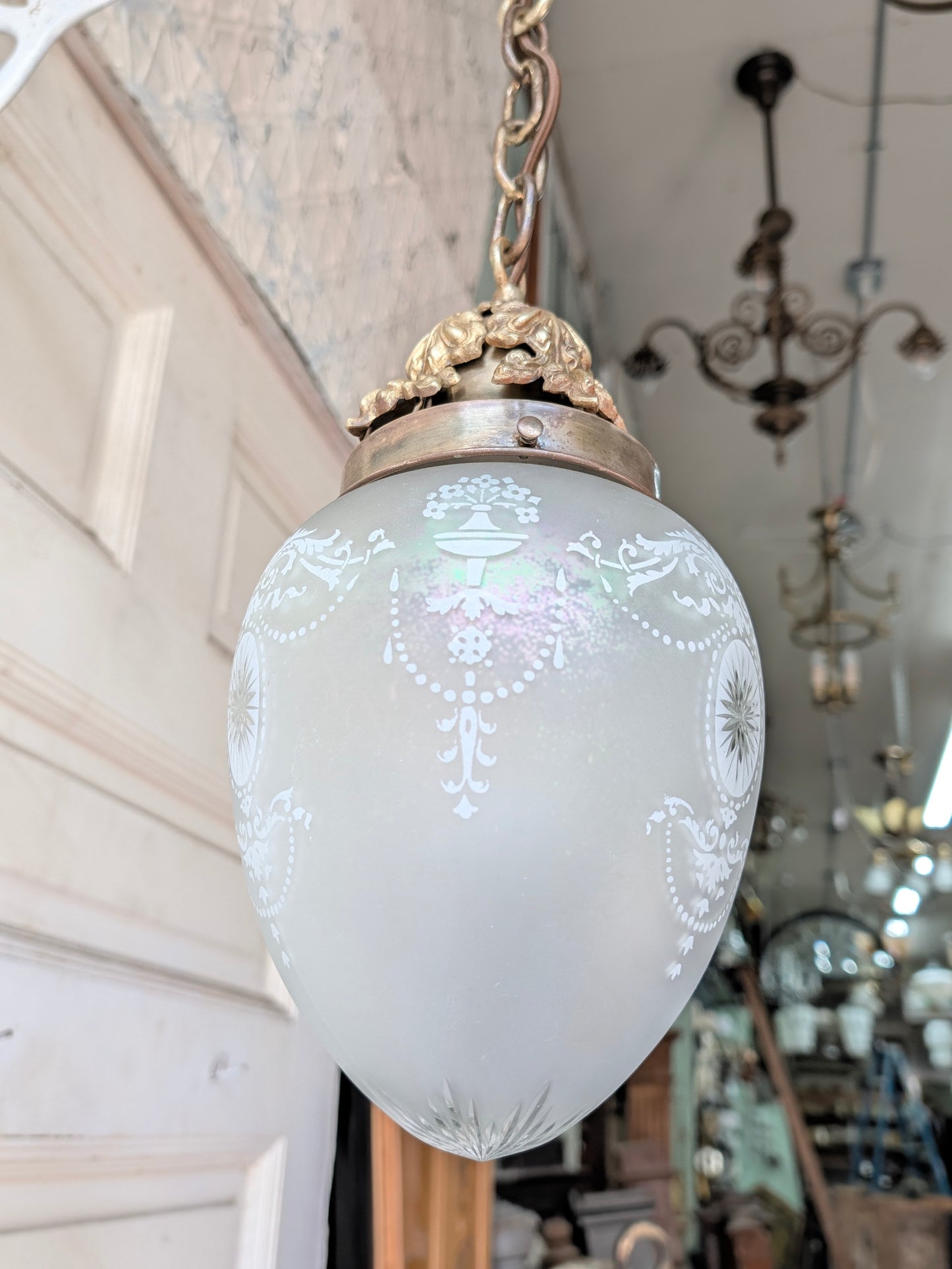 Vintage Cut Glass Egg Globe Pendant Light, Irridescent Glass Fixture