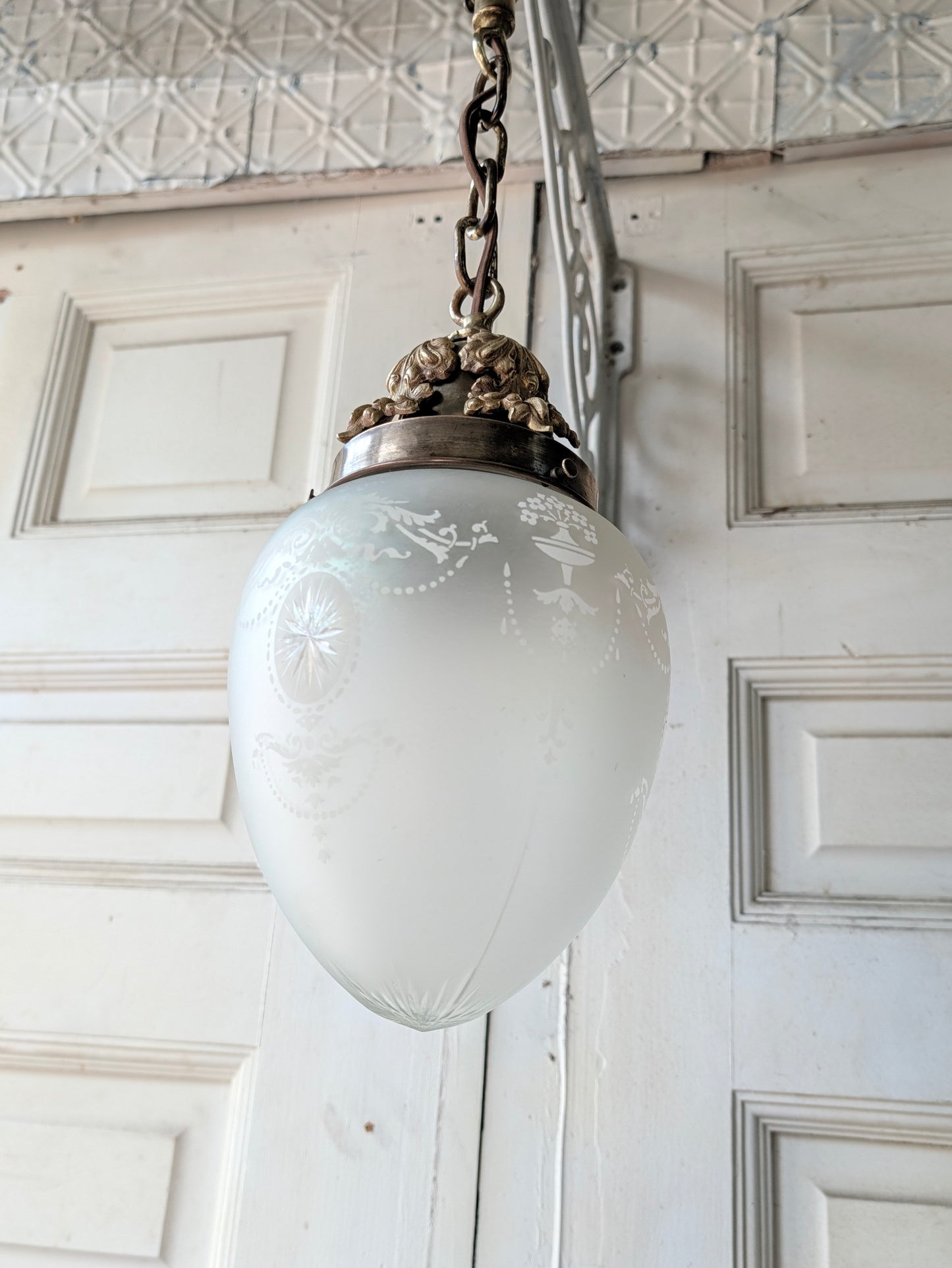 Vintage Cut Glass Egg Globe Pendant Light, Irridescent Glass Fixture