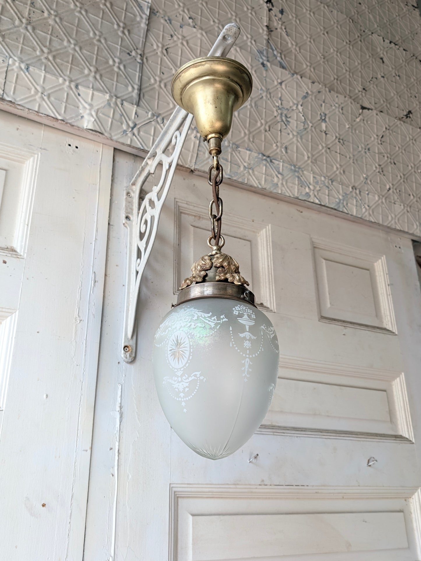 Vintage Cut Glass Egg Globe Pendant Light, Irridescent Glass Fixture