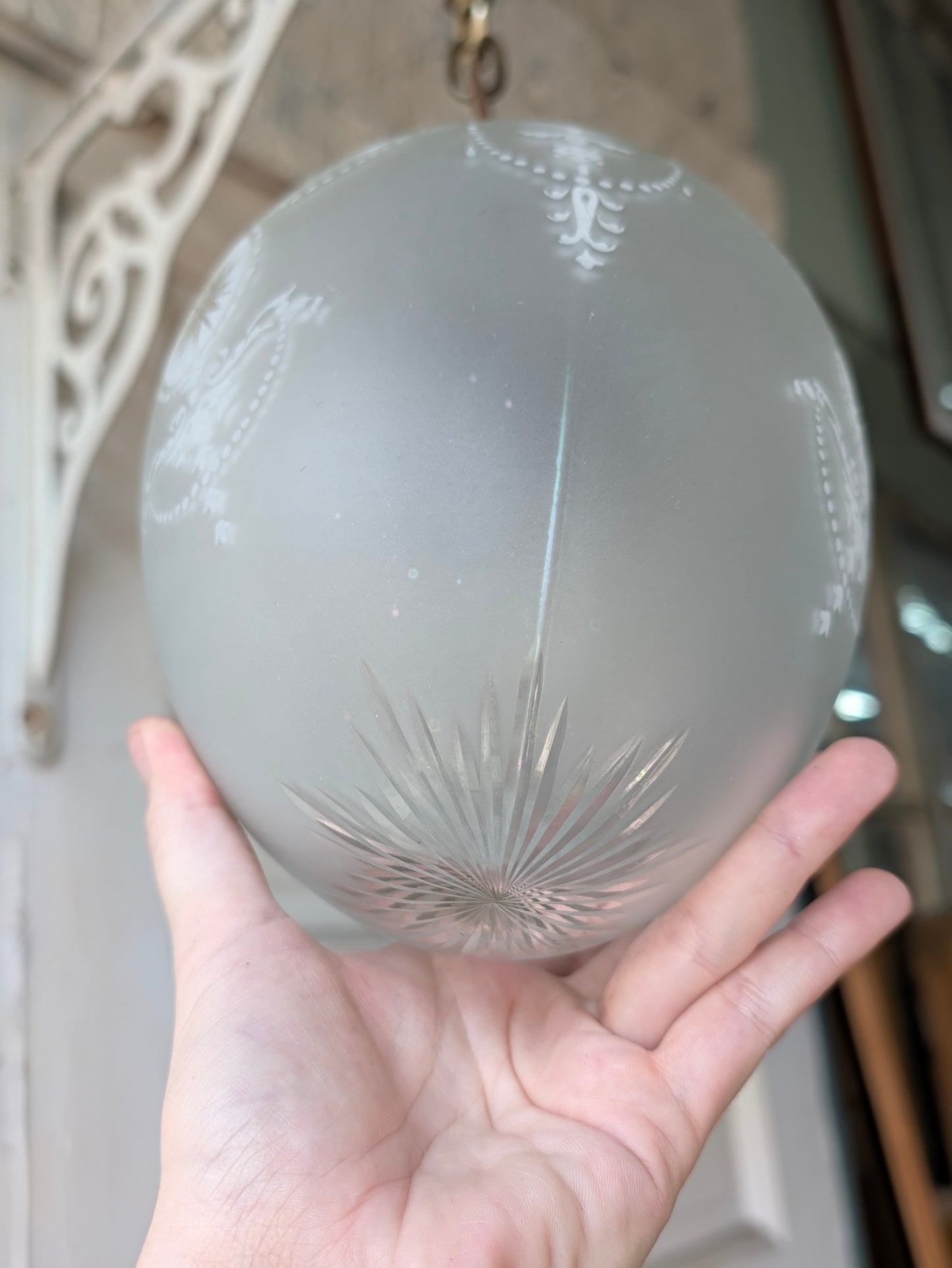 Vintage Cut Glass Egg Globe Pendant Light, Irridescent Glass Fixture