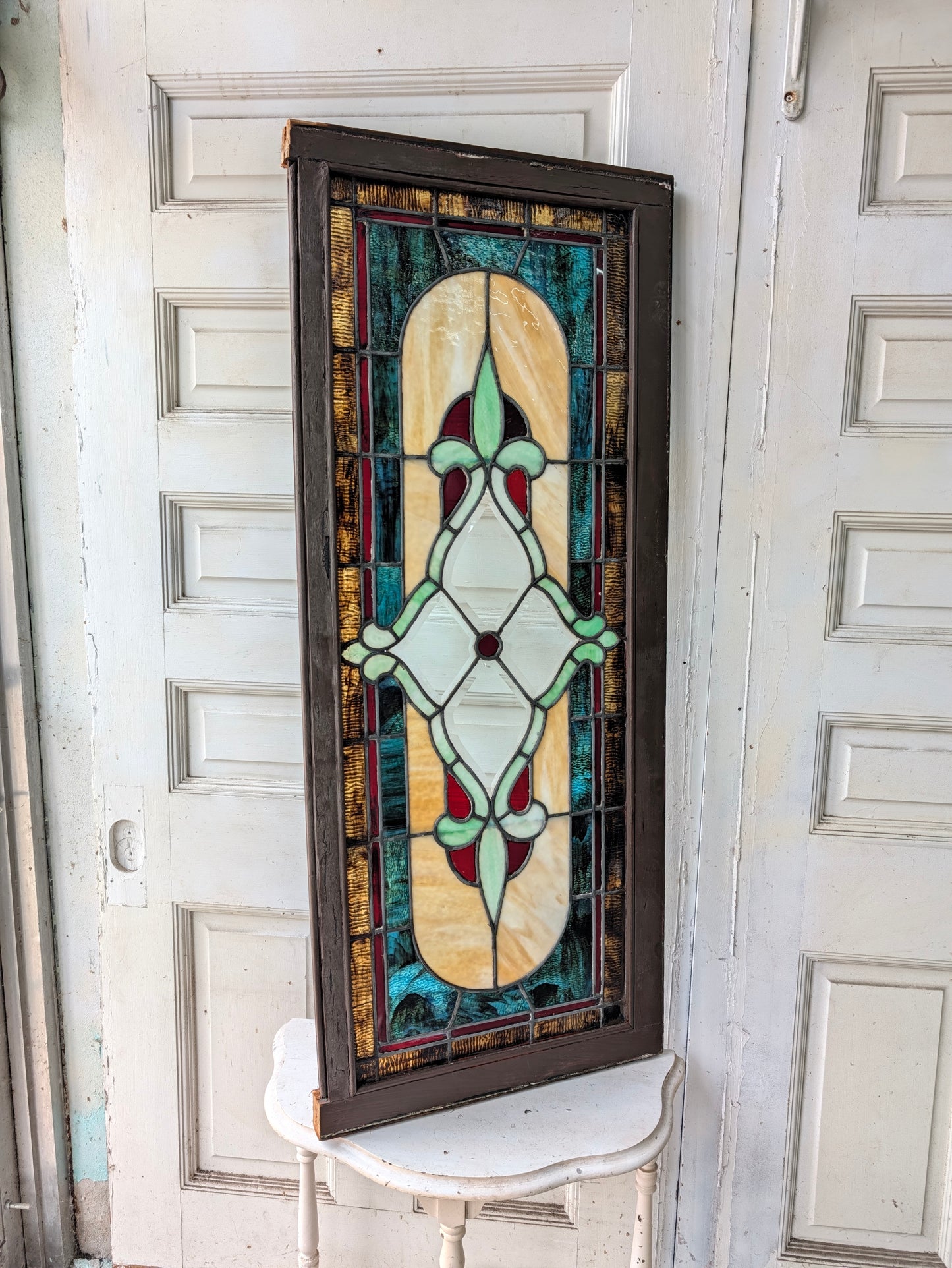 Antique Beveled Glass Transom Window: Ruby Red Glass