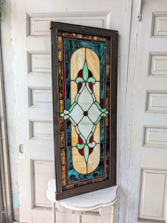 Antique Beveled Glass Transom Window: Ruby Red Glass
