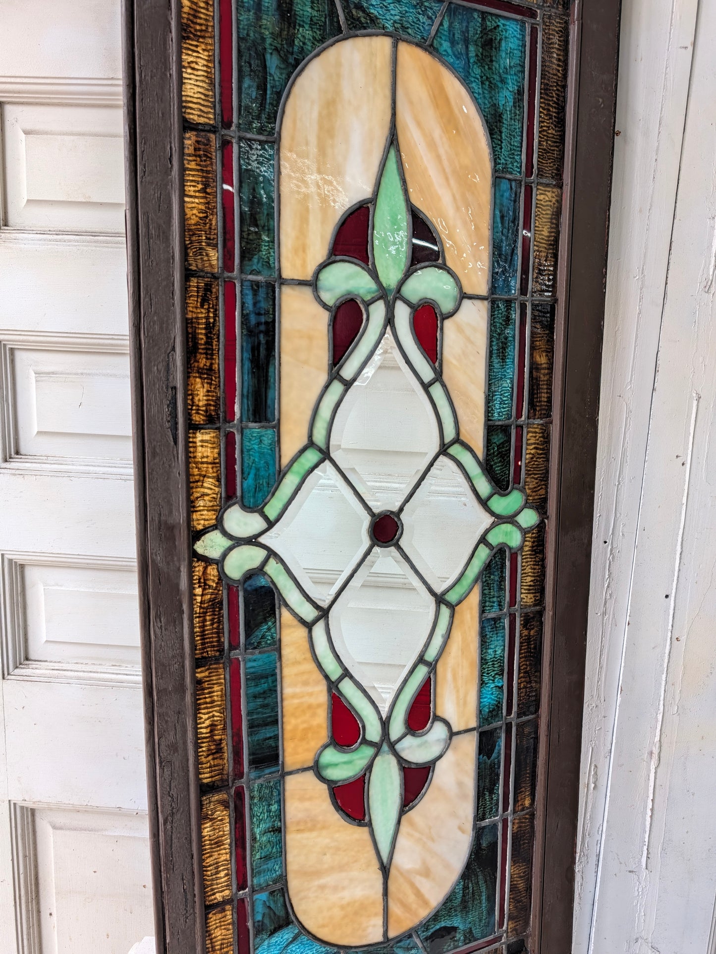 Antique Beveled Glass Transom Window: Ruby Red Glass