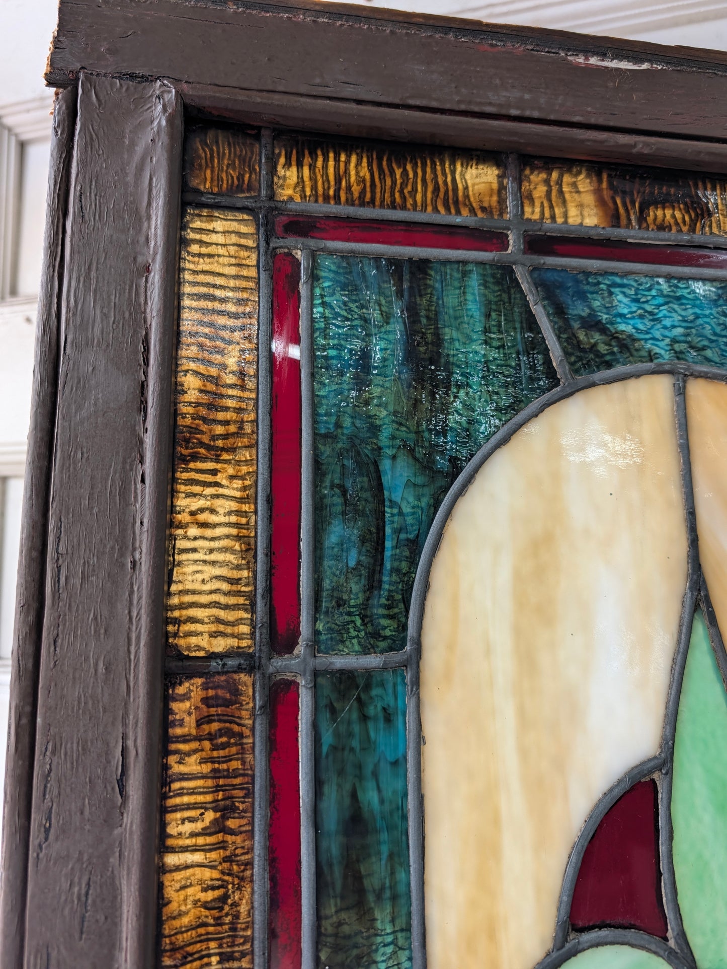 Antique Beveled Glass Transom Window: Ruby Red Glass
