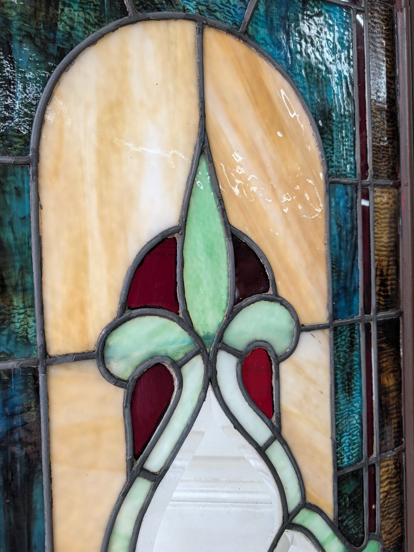 Antique Beveled Glass Transom Window: Ruby Red Glass