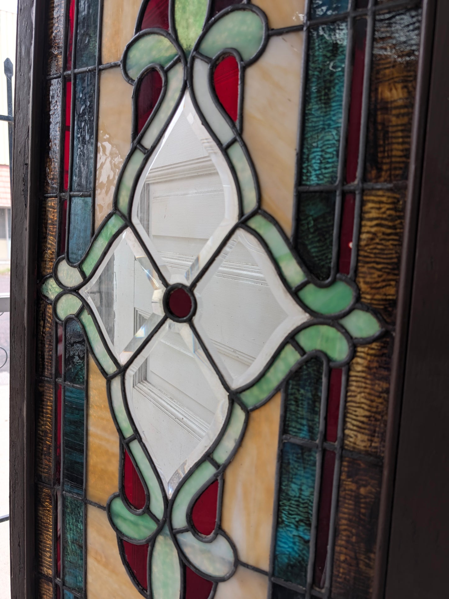 Antique Beveled Glass Transom Window: Ruby Red Glass