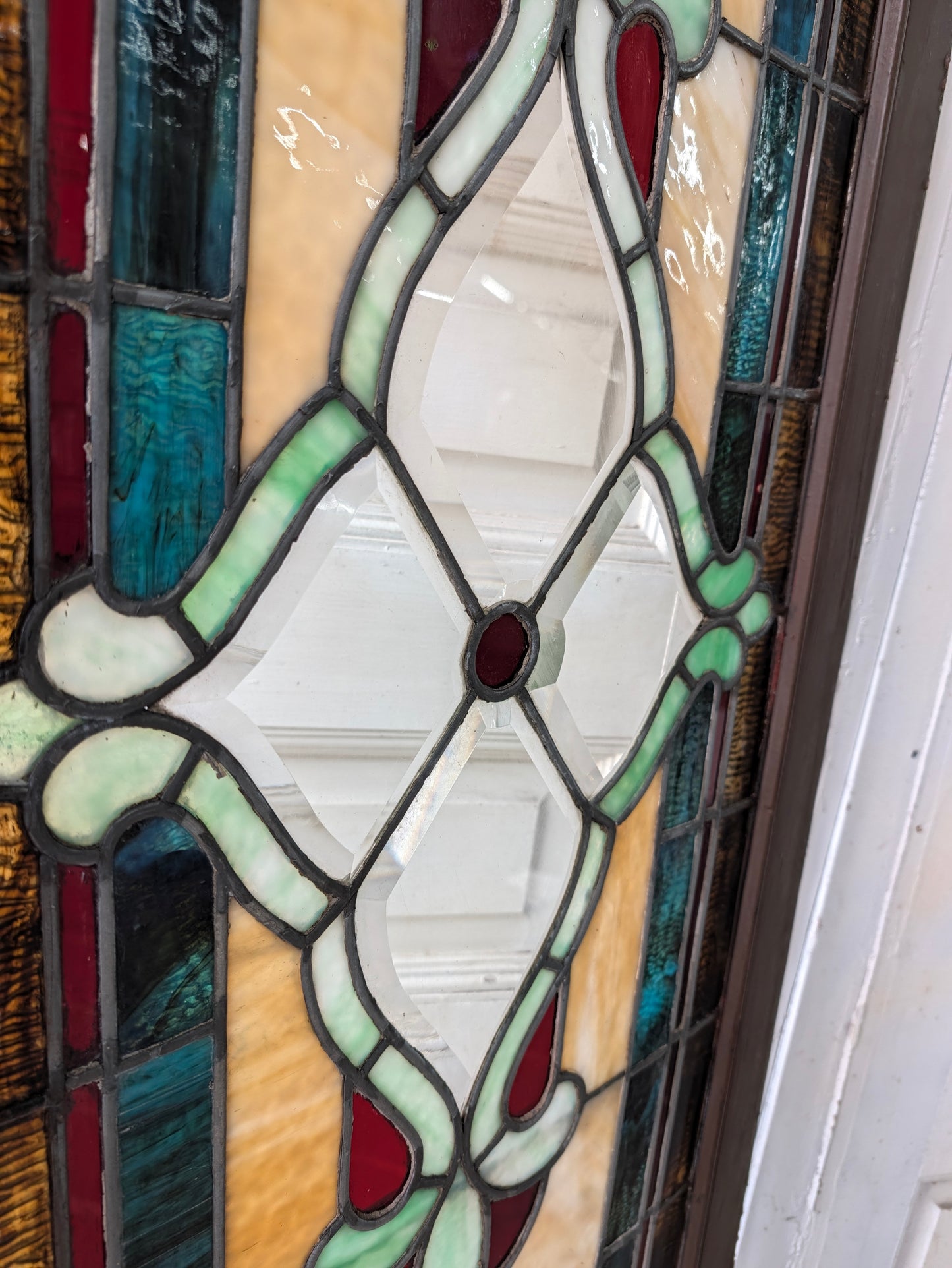 Antique Beveled Glass Transom Window: Ruby Red Glass