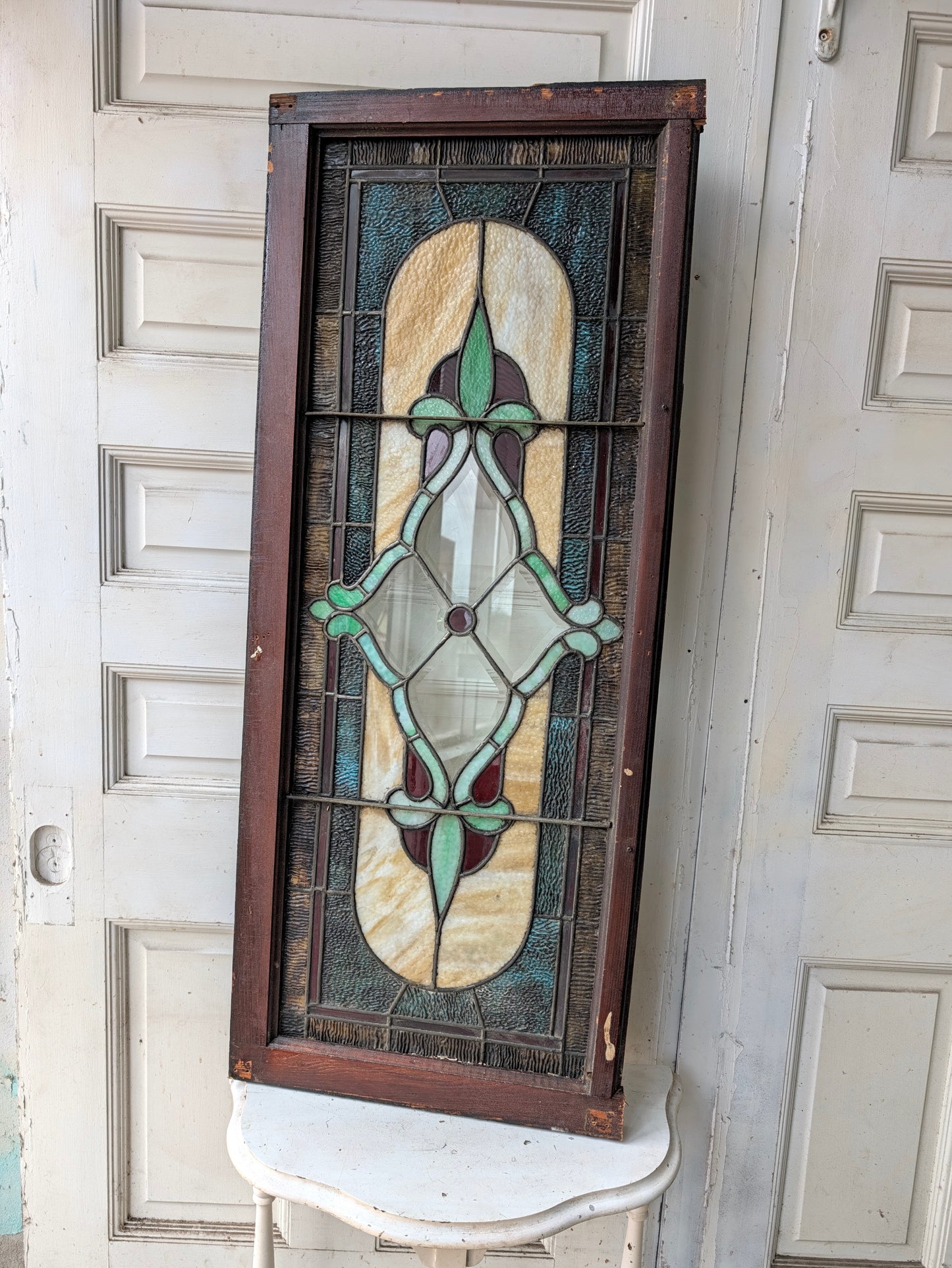 Antique Beveled Glass Transom Window: Ruby Red Glass
