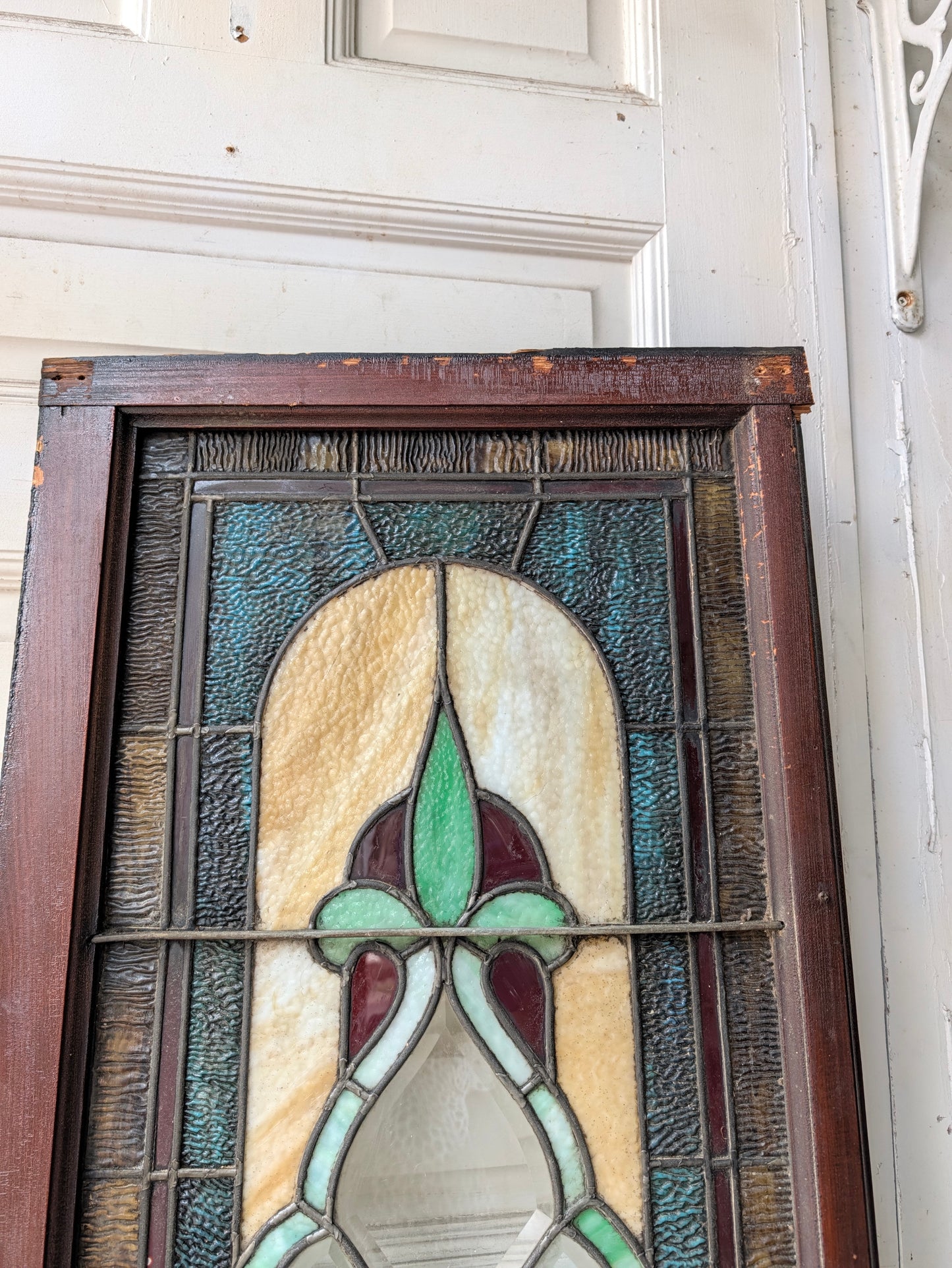 Antique Beveled Glass Transom Window: Ruby Red Glass