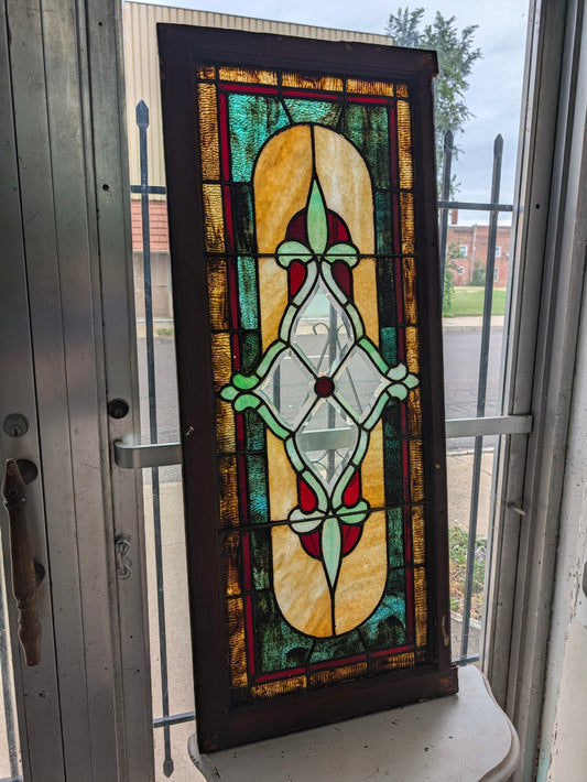 Antique Beveled Glass Transom Window: Ruby Red Glass