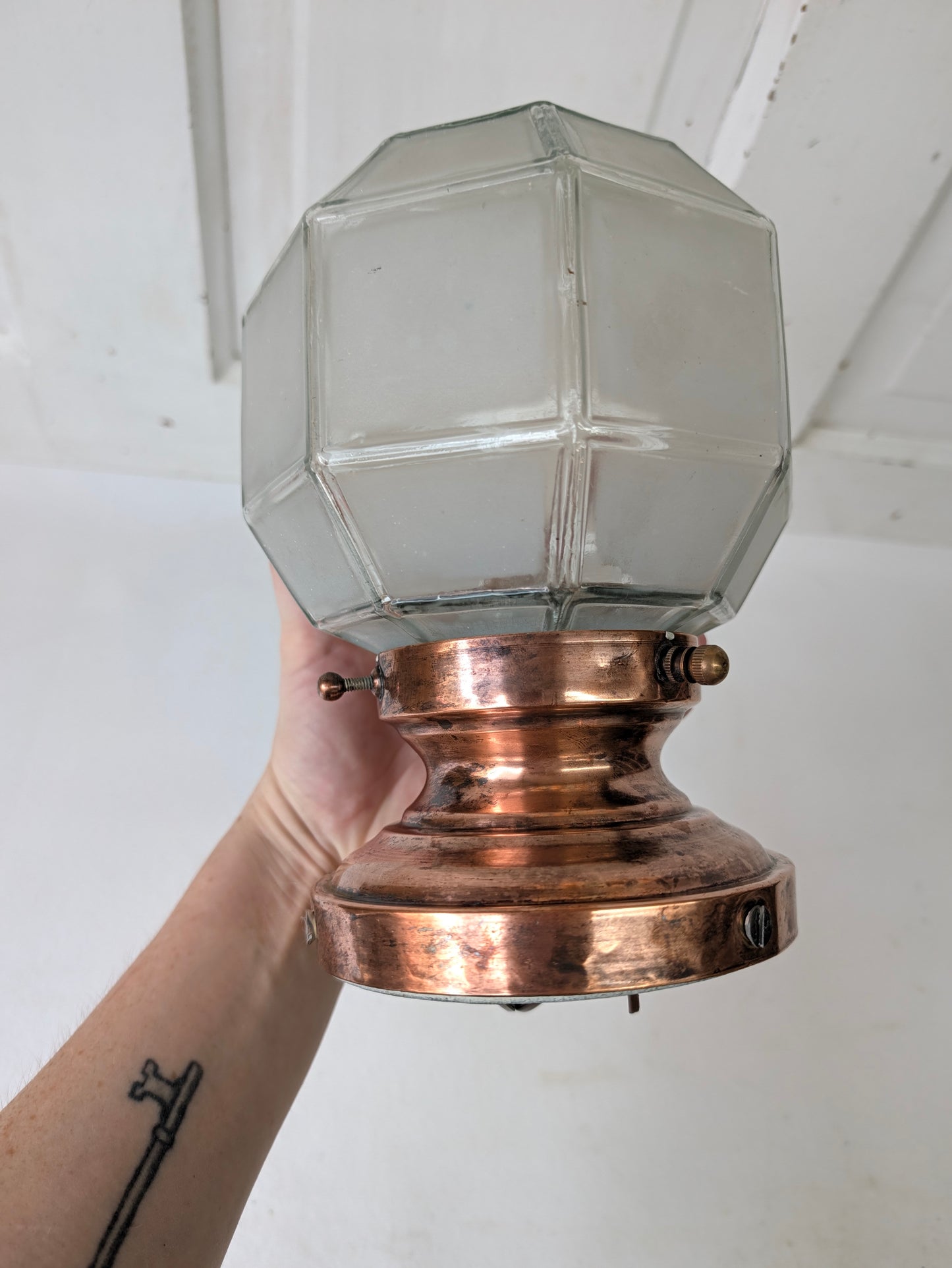 Small Vintage Frosted Glass Porch Light, Geometric Shade Exterior Light