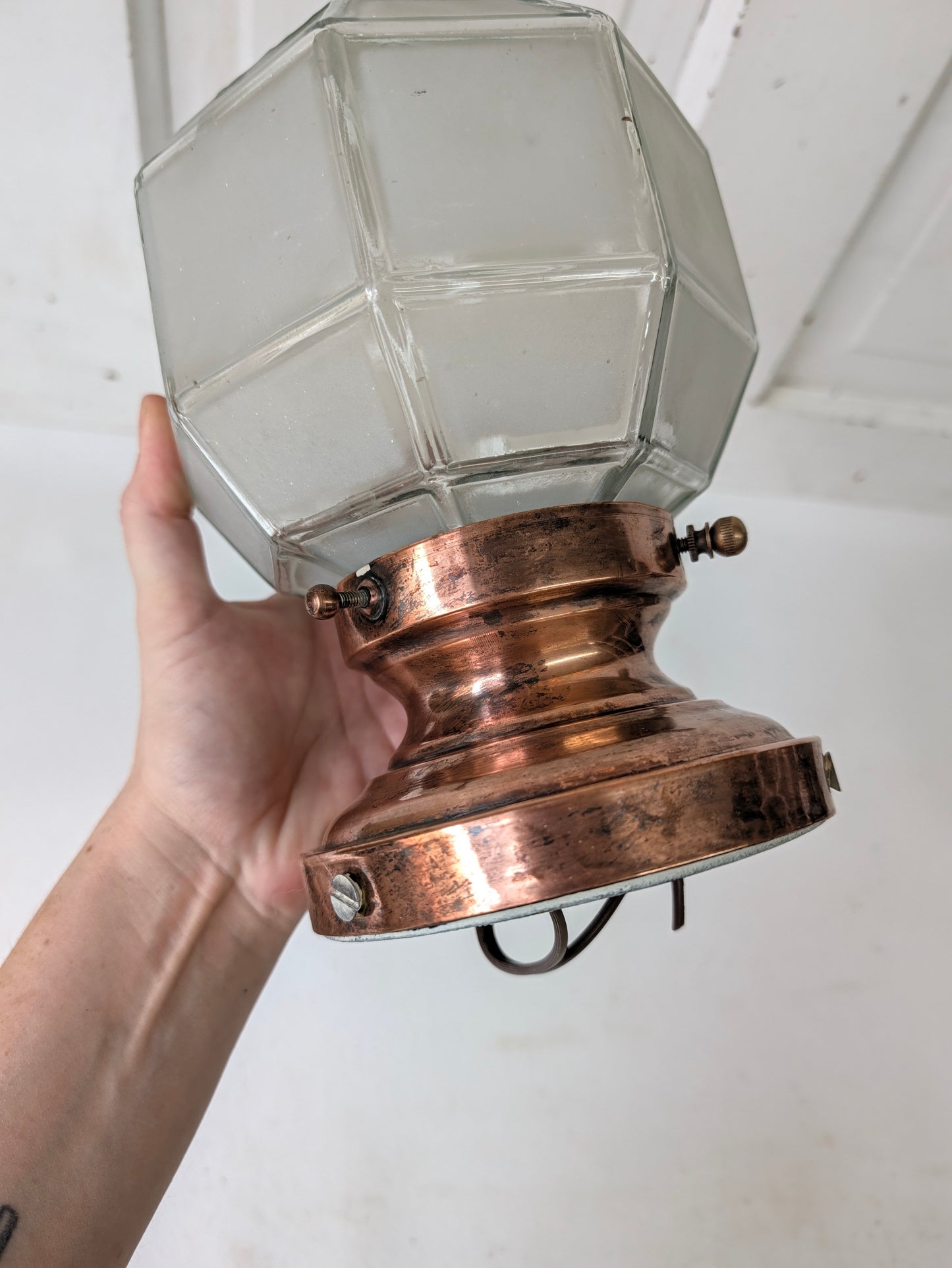 Small Vintage Frosted Glass Porch Light, Geometric Shade Exterior Light