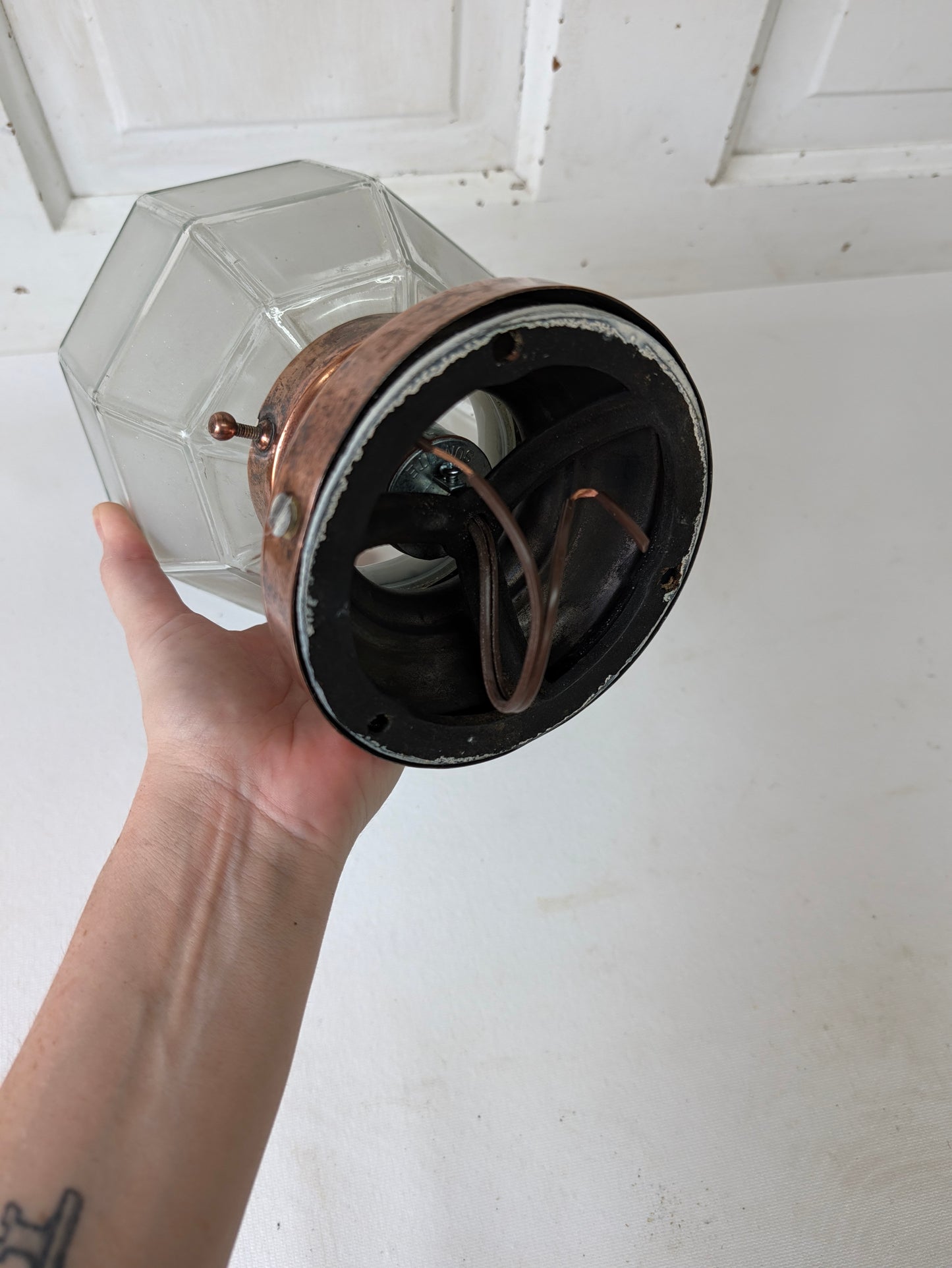 Small Vintage Frosted Glass Porch Light, Geometric Shade Exterior Light