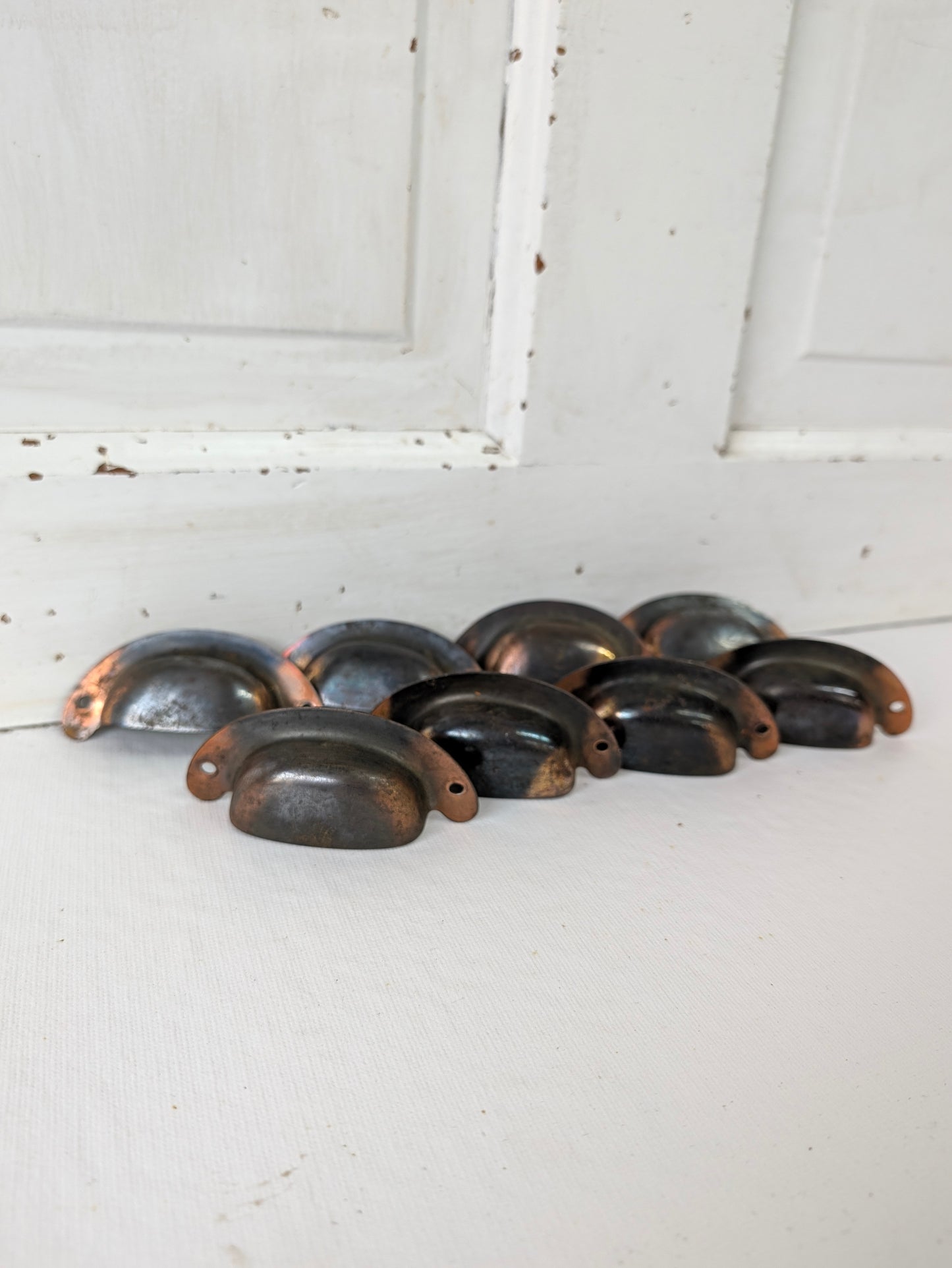 8 Vintage Cup Pulls, Copper Plated Drawer Handles