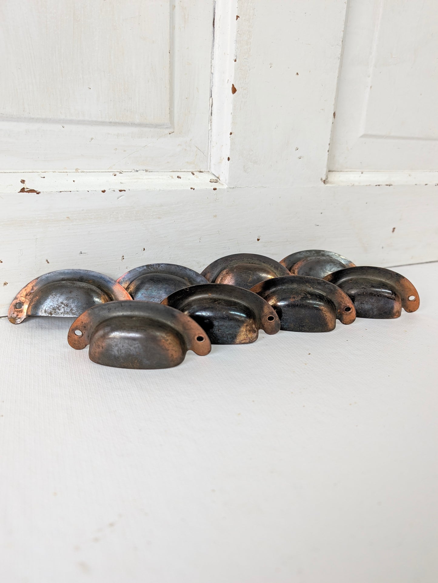 8 Vintage Cup Pulls, Copper Plated Drawer Handles