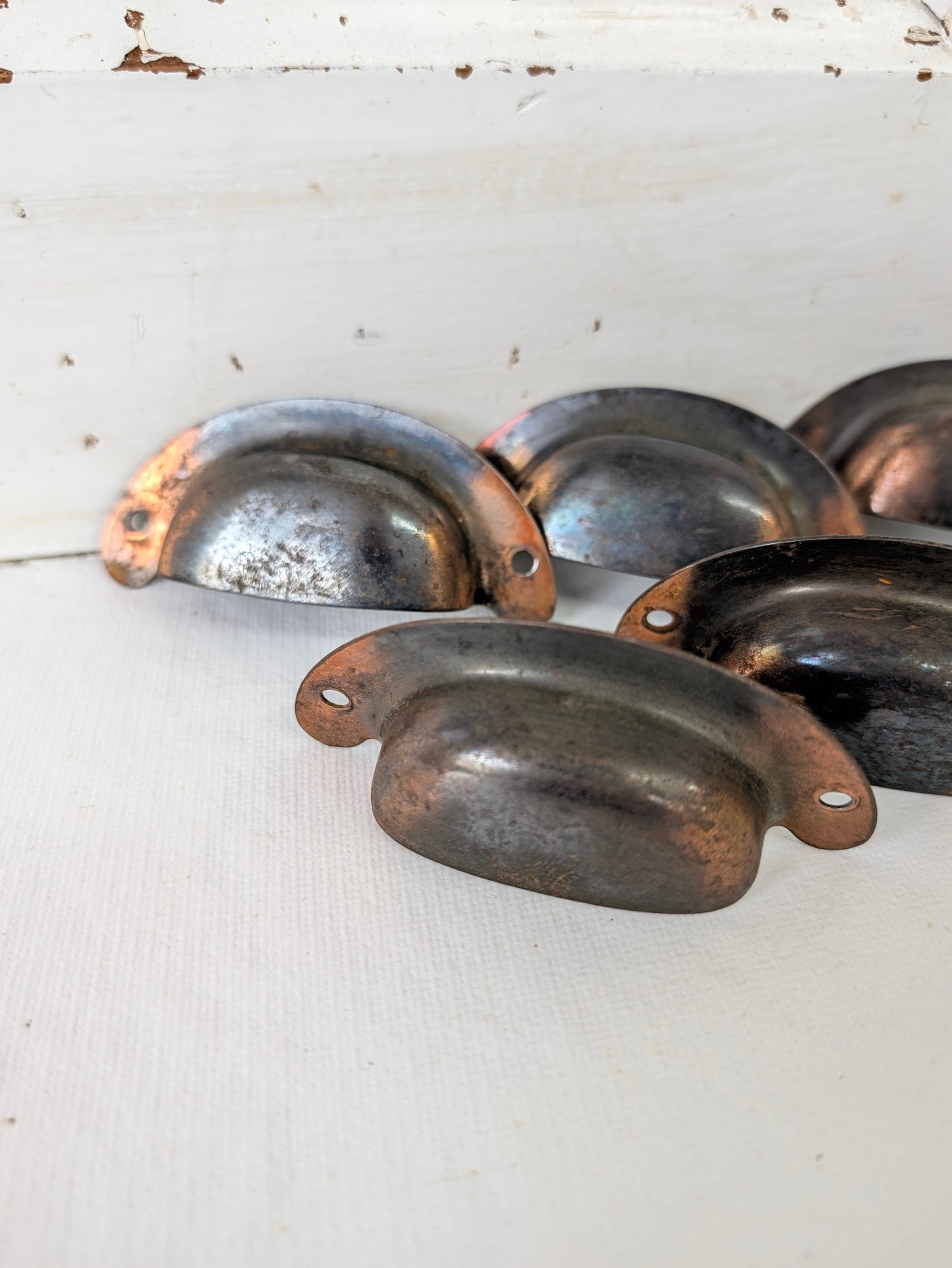 8 Vintage Cup Pulls, Copper Plated Drawer Handles