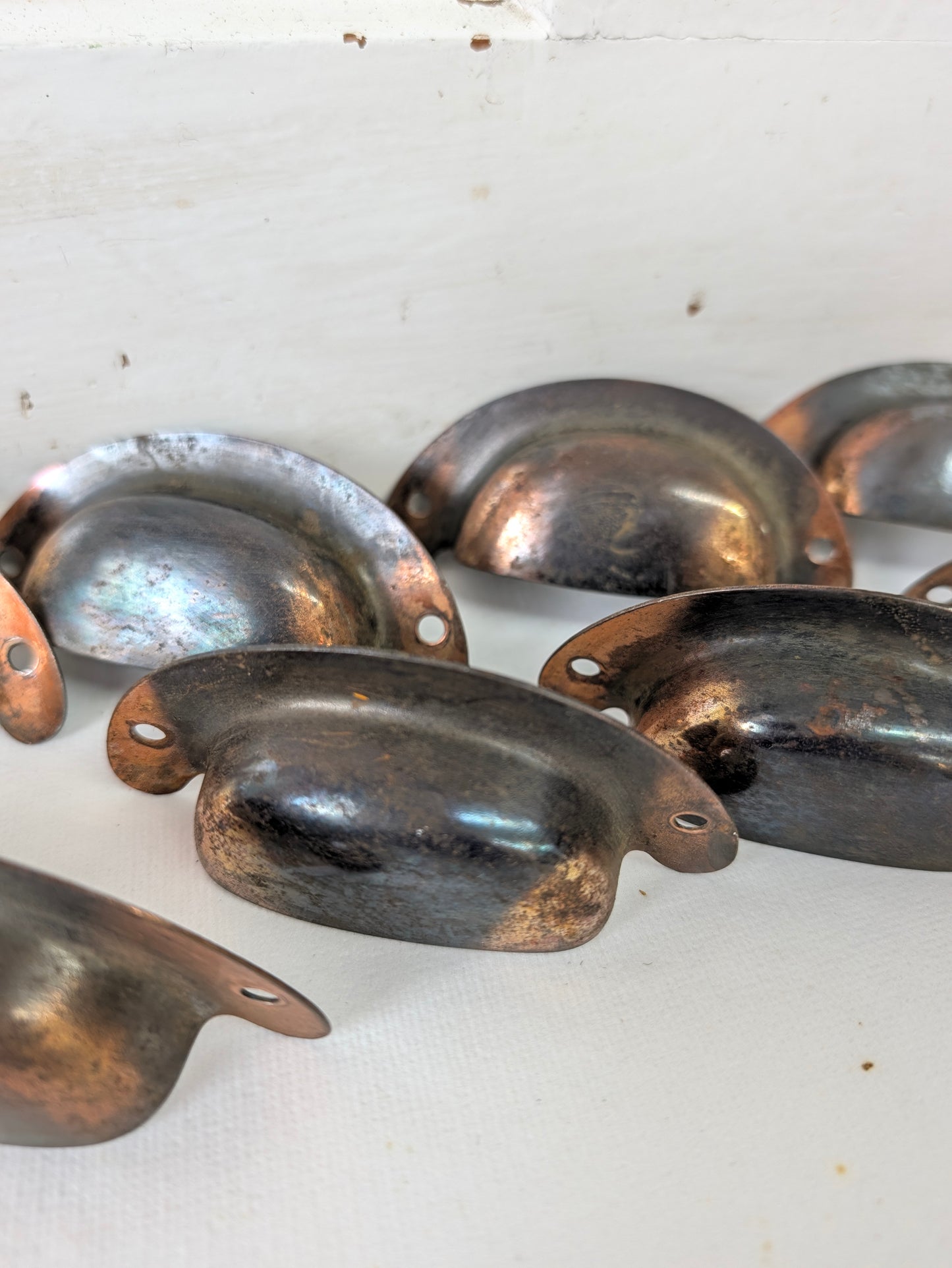8 Vintage Cup Pulls, Copper Plated Drawer Handles