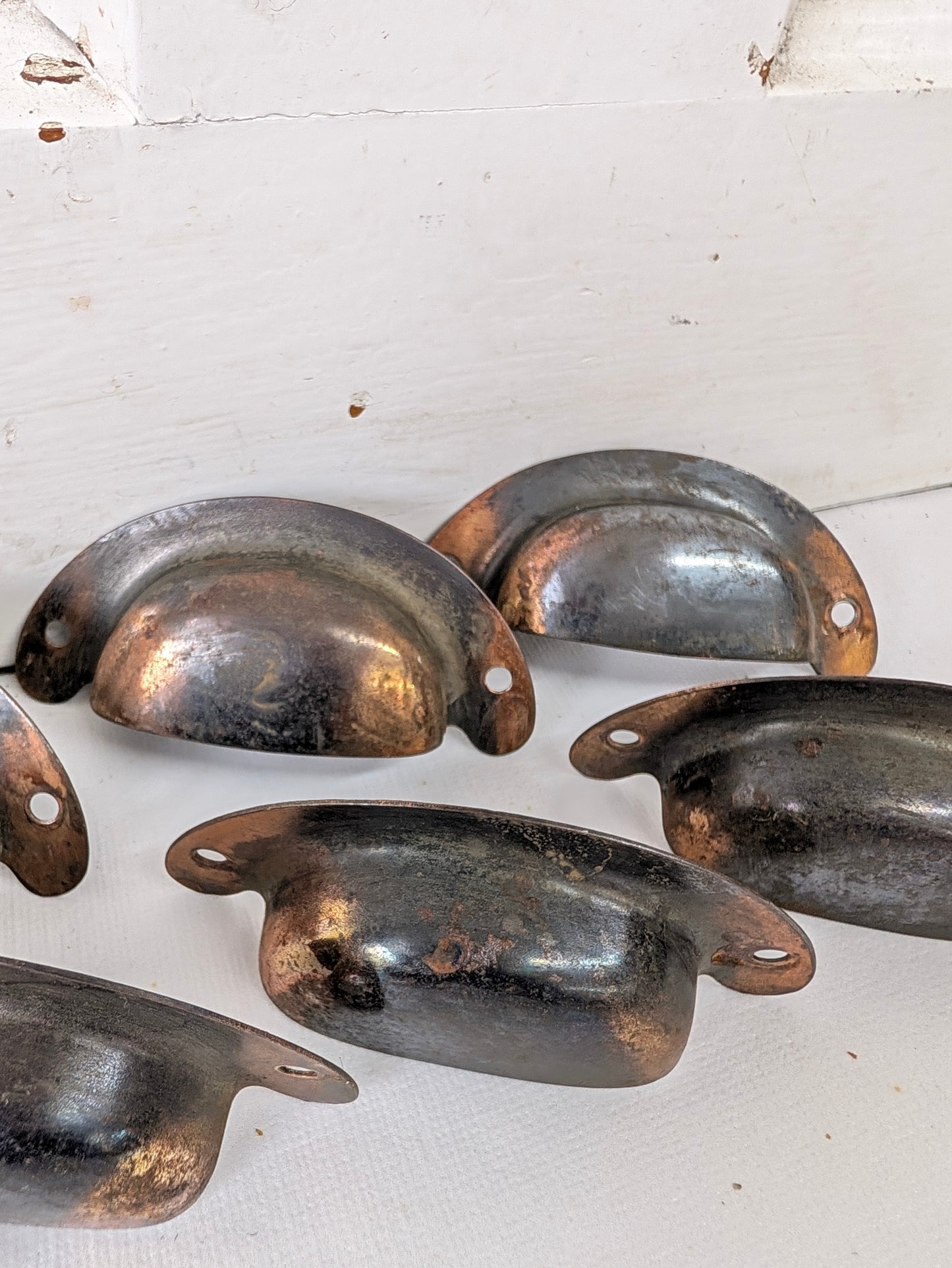 8 Vintage Cup Pulls, Copper Plated Drawer Handles