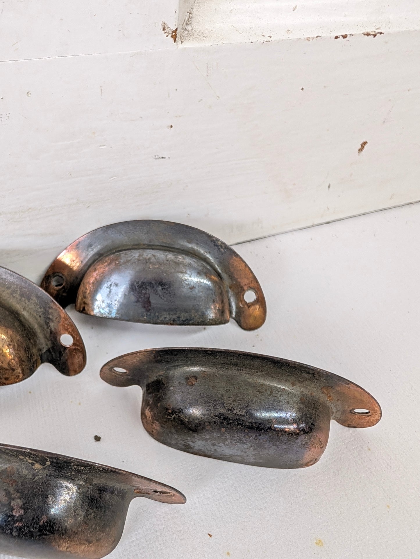 8 Vintage Cup Pulls, Copper Plated Drawer Handles