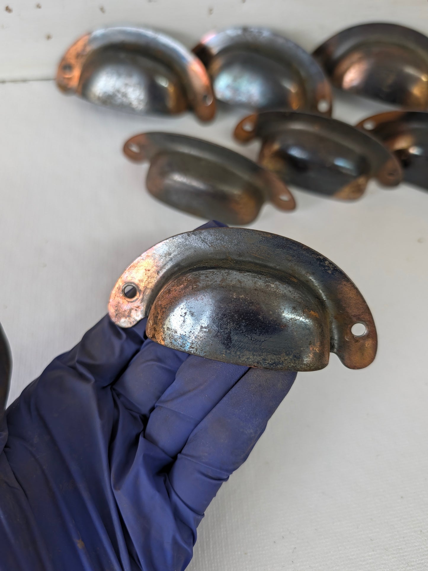 8 Vintage Cup Pulls, Copper Plated Drawer Handles