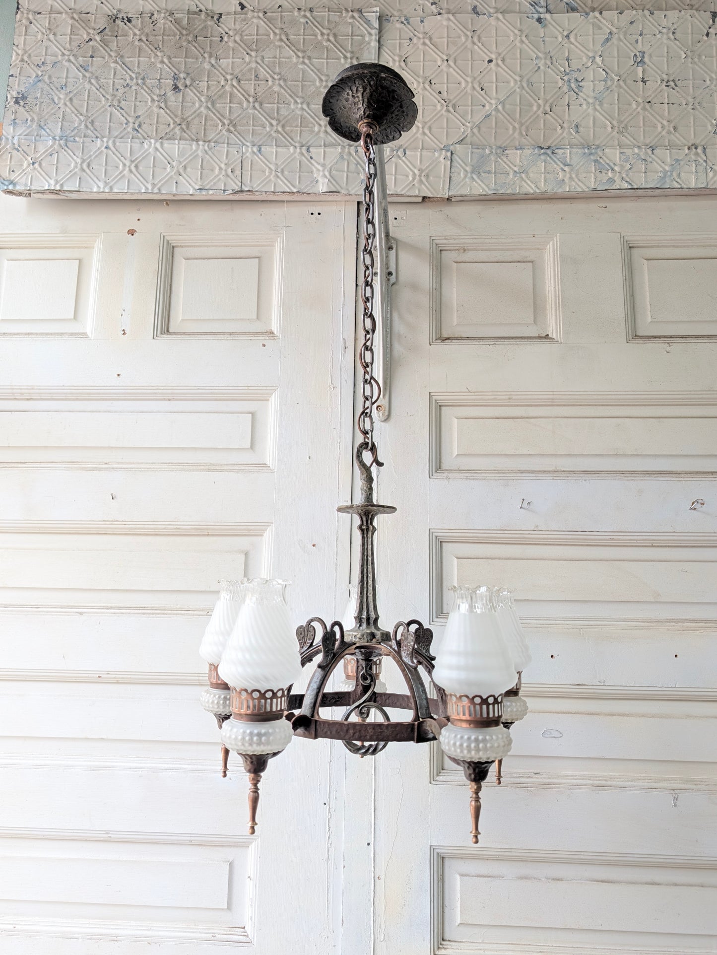 Virden Co. Hammered Iron Chandelier, Gothic Style Hanging Vintage Light
