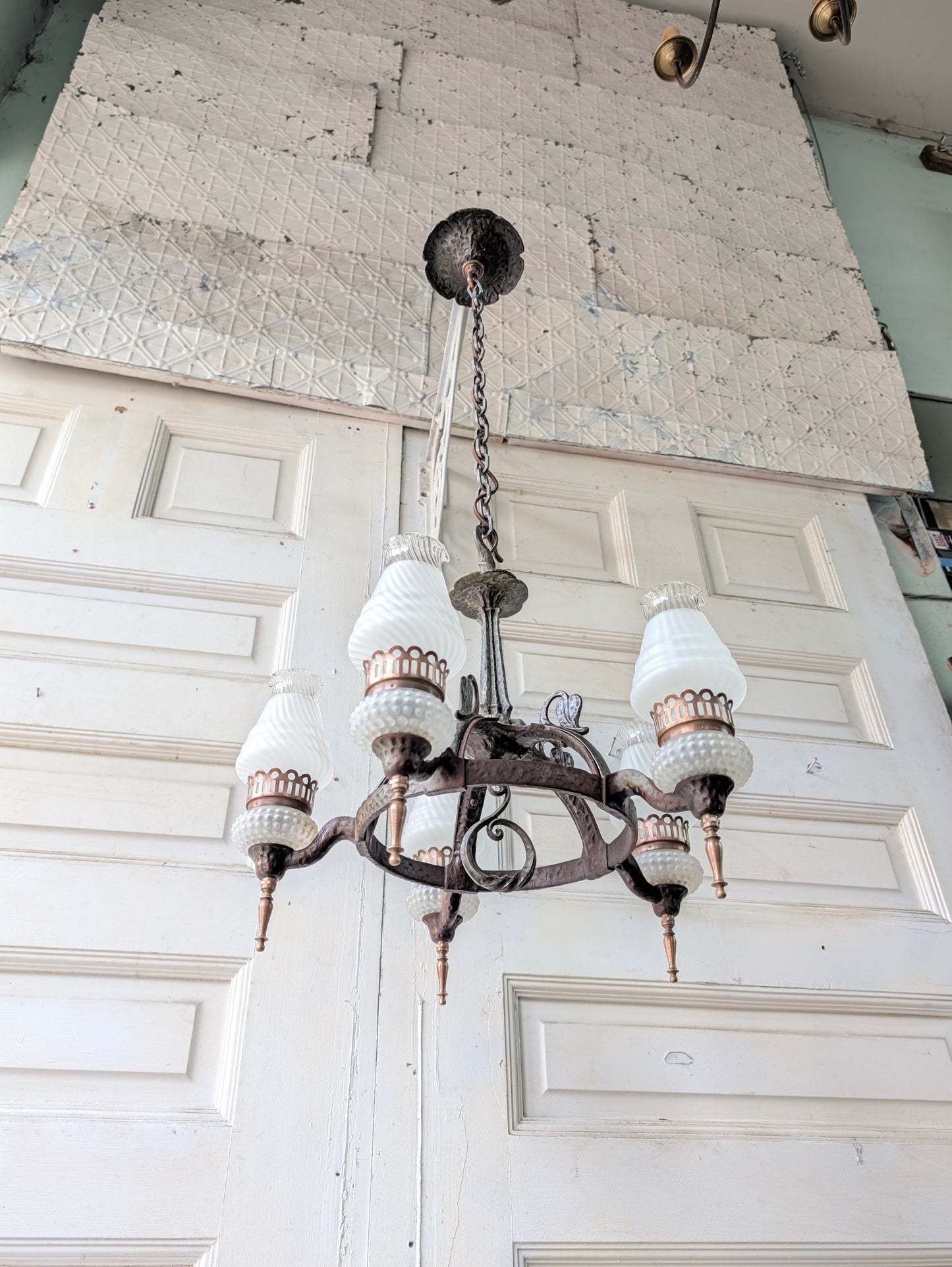 Virden Co. Hammered Iron Chandelier, Gothic Style Hanging Vintage Light