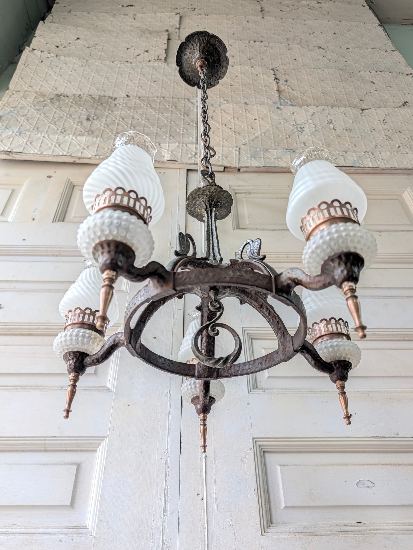 Virden Co. Hammered Iron Chandelier, Gothic Style Hanging Vintage Light