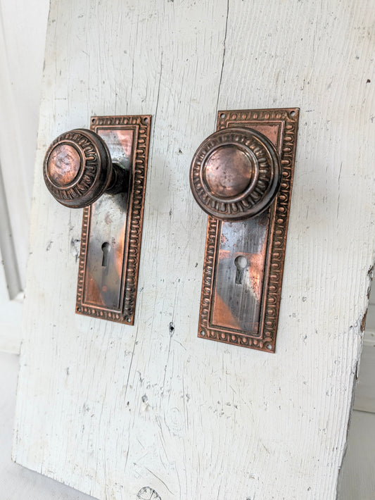Copper Plated Doorknob and Plate Set, Egg Dart Pattern Knobs and Backplate