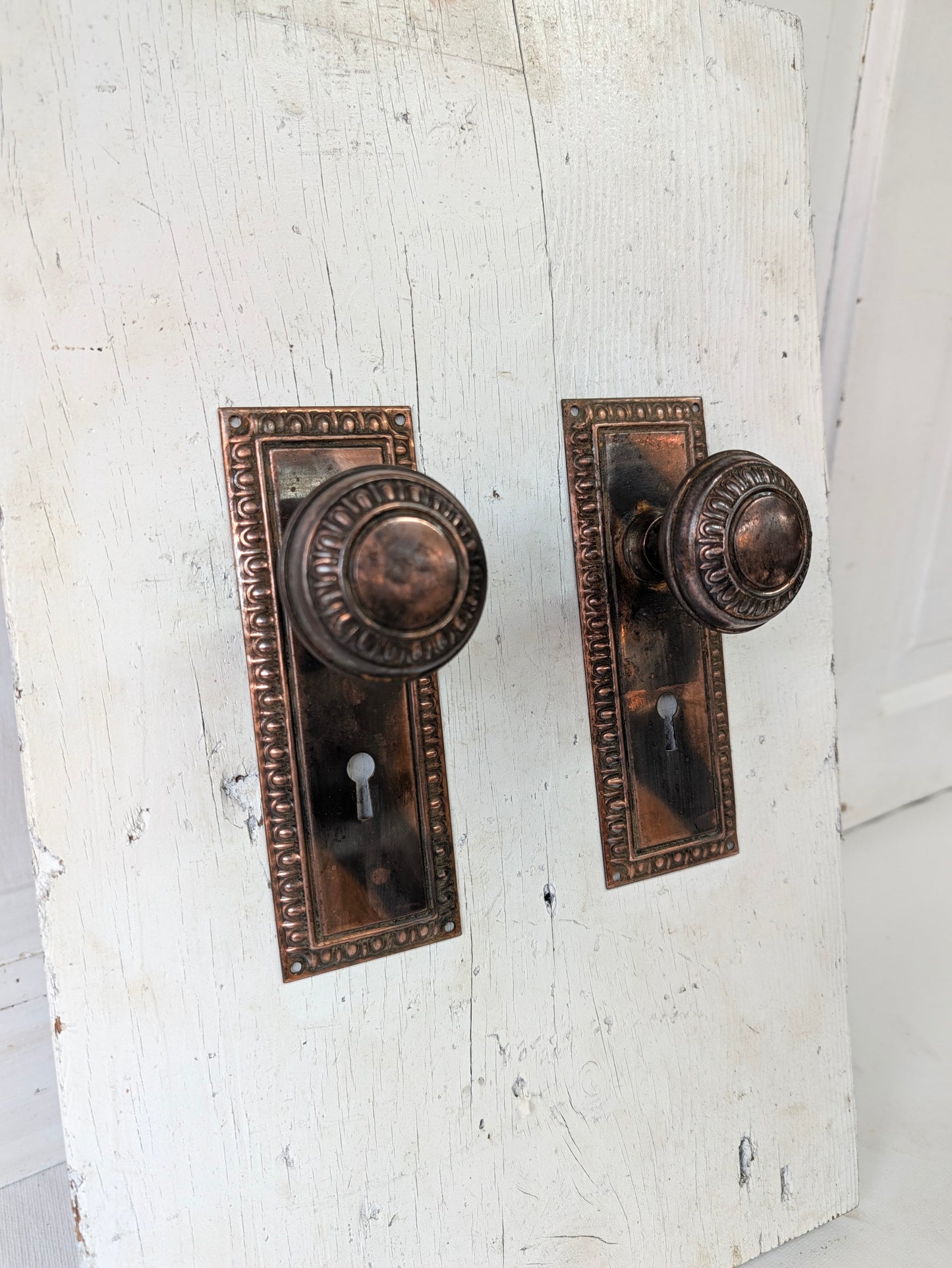 Copper Plated Doorknob and Plate Set, Egg Dart Pattern Knobs and Backplate