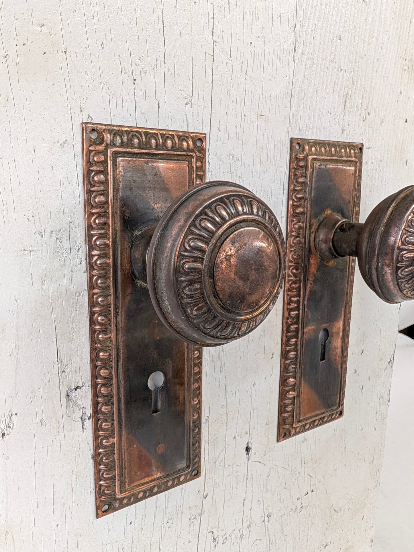 Copper Plated Doorknob and Plate Set, Egg Dart Pattern Knobs and Backplate