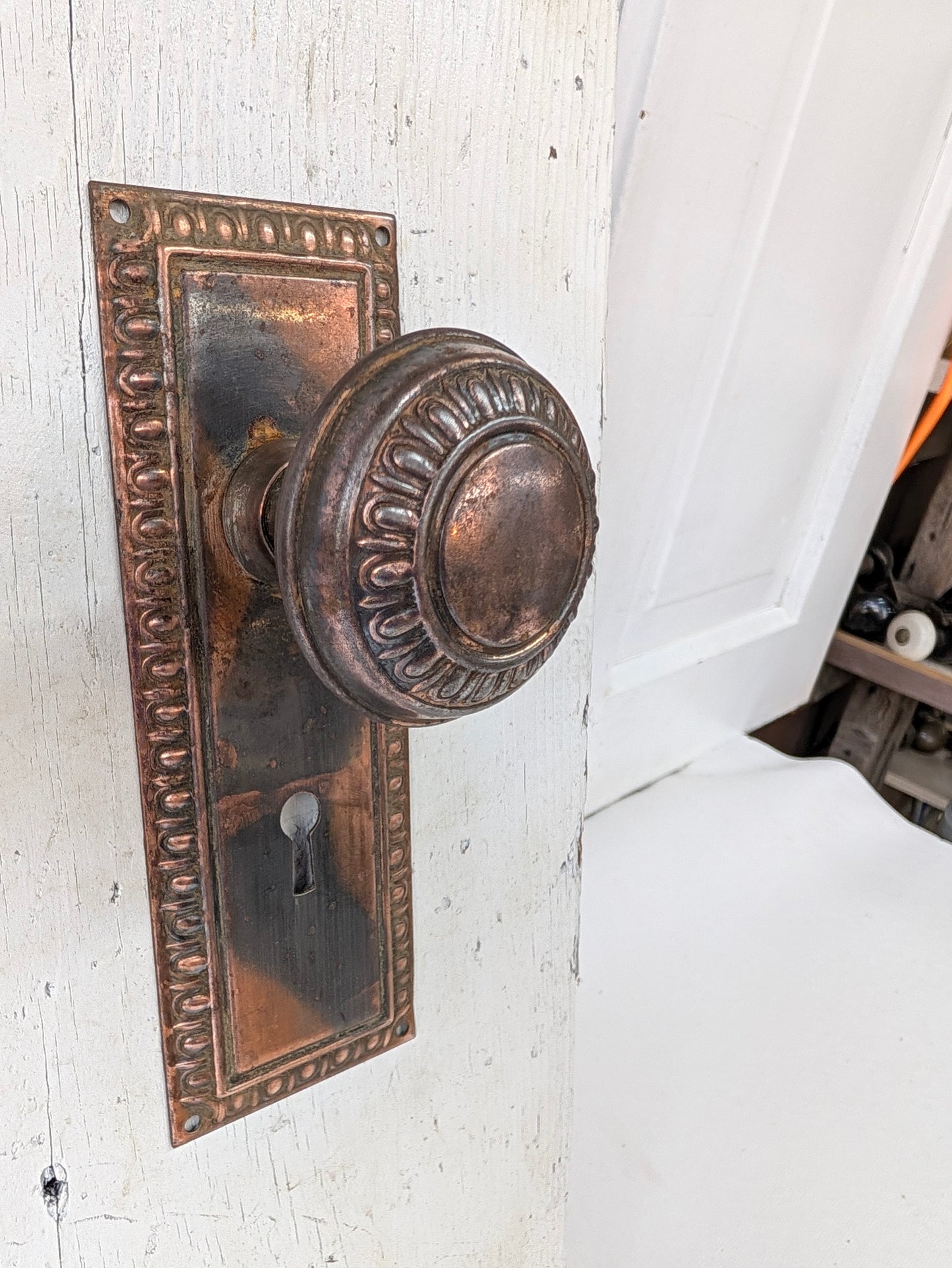 Copper Plated Doorknob and Plate Set, Egg Dart Pattern Knobs and Backplate