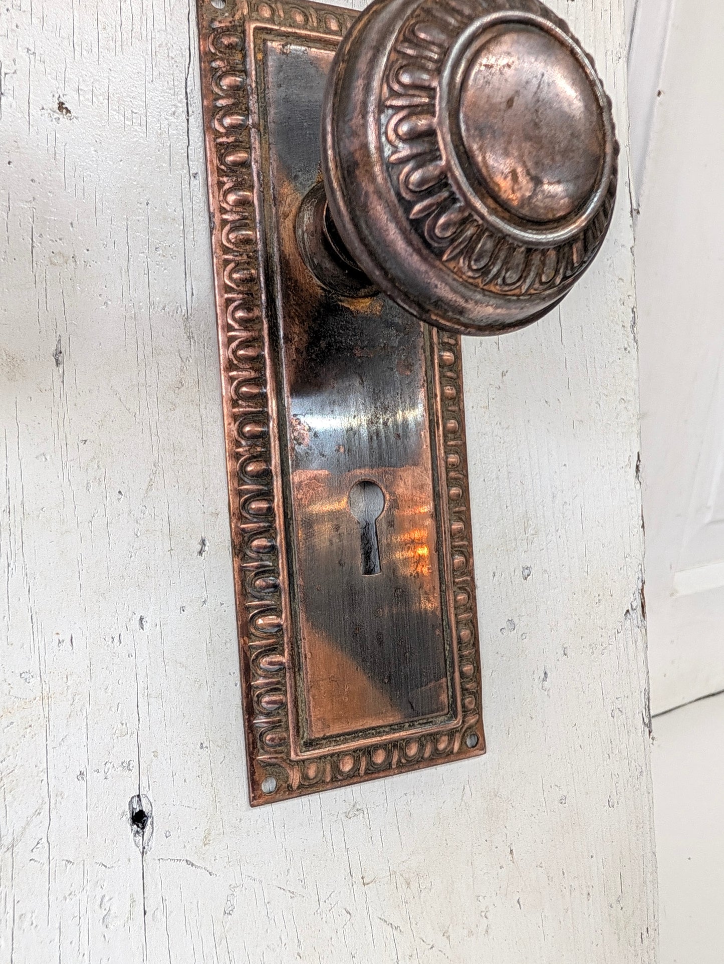 Copper Plated Doorknob and Plate Set, Egg Dart Pattern Knobs and Backplate