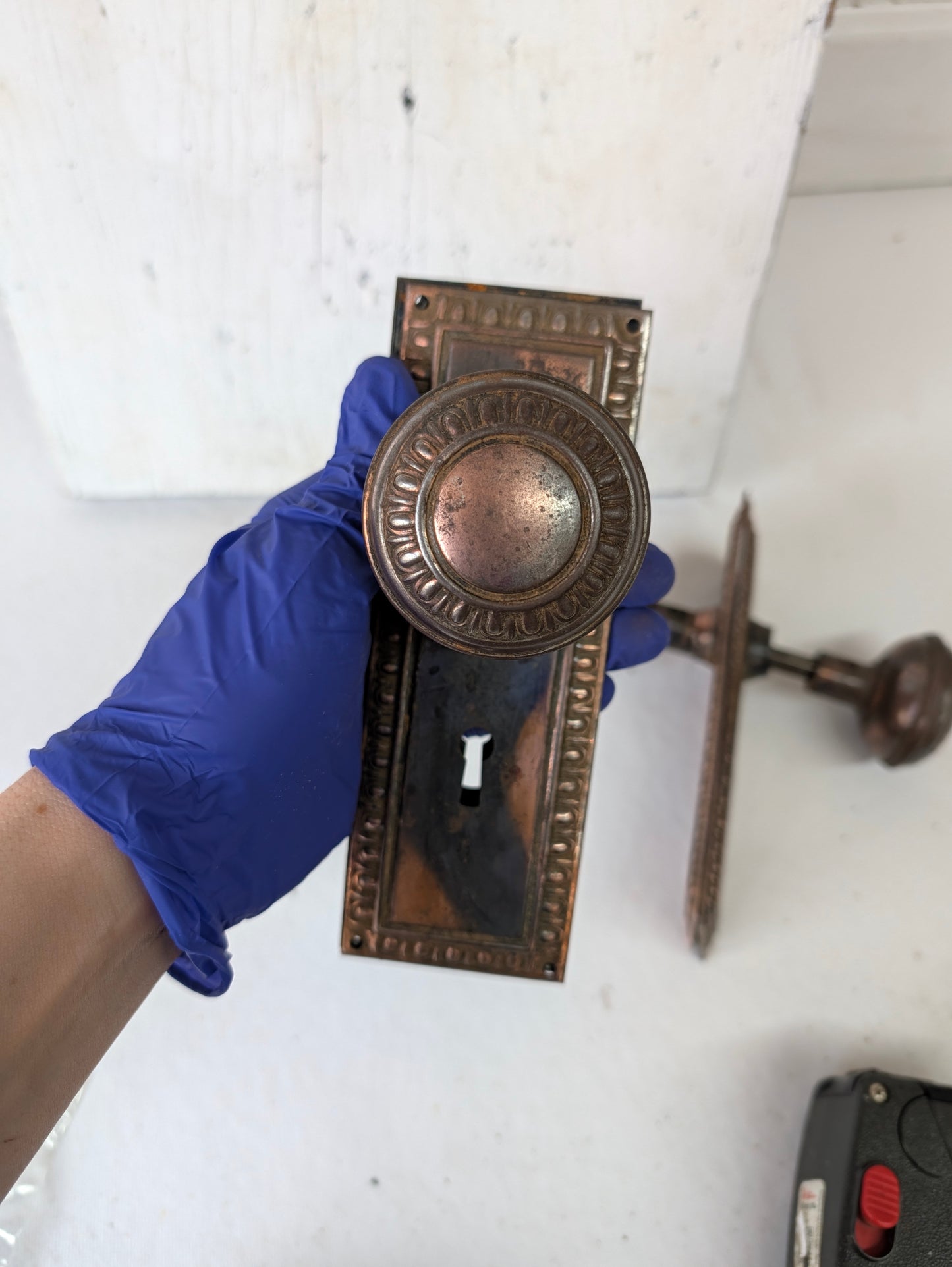 Copper Plated Doorknob and Plate Set, Egg Dart Pattern Knobs and Backplate