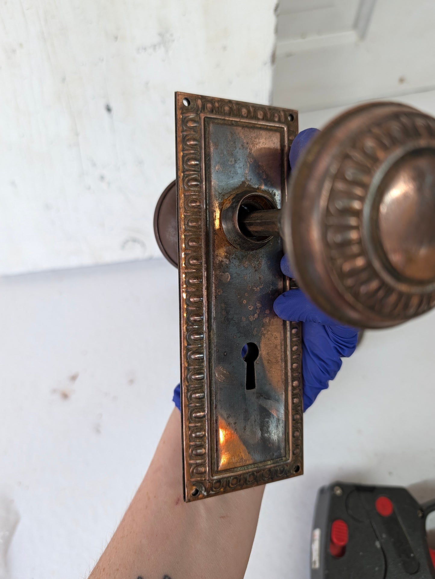 Copper Plated Doorknob and Plate Set, Egg Dart Pattern Knobs and Backplate