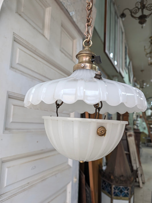 Scalloped Clam Broth Two Piece Glass Light Fixture, Vintage Brass Fixture