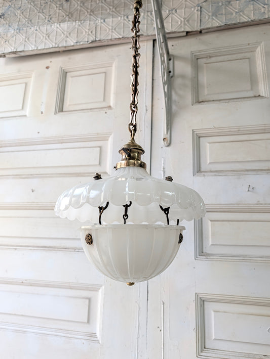 Scalloped Clam Broth Two Piece Glass Light Fixture, Vintage Brass Fixture
