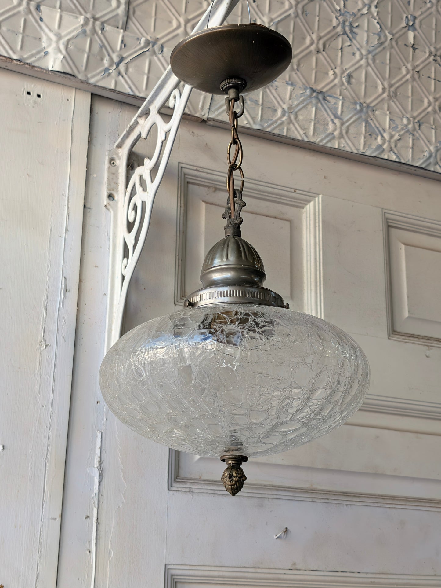 Vintage MCM Crackled Glass Globe Pendant Light