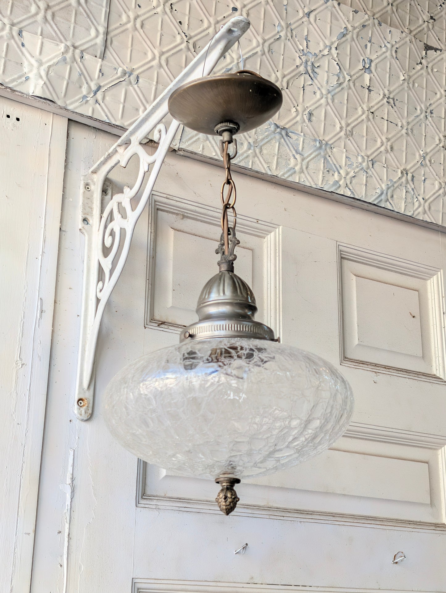 Vintage MCM Crackled Glass Globe Pendant Light