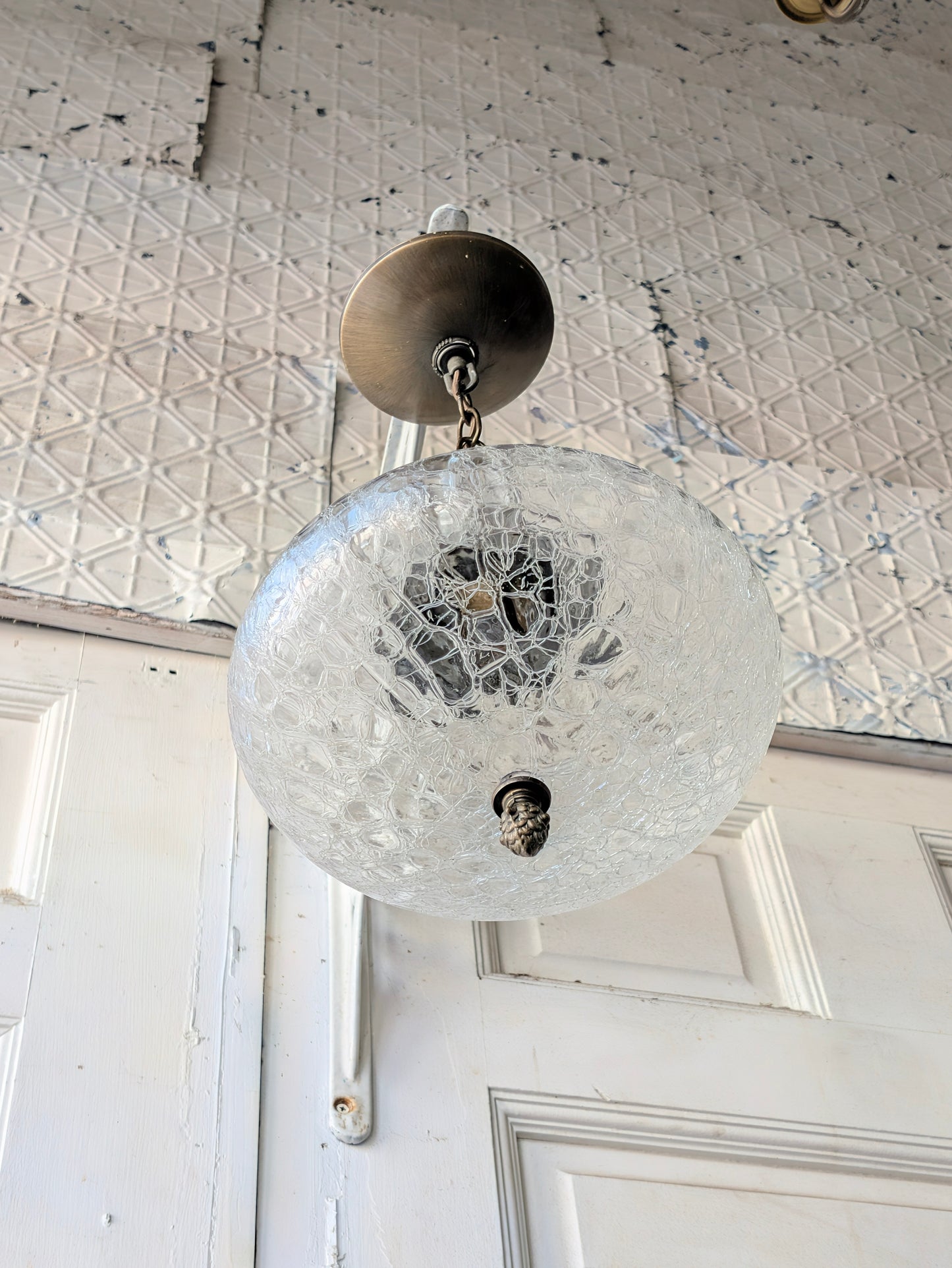 Vintage MCM Crackled Glass Globe Pendant Light