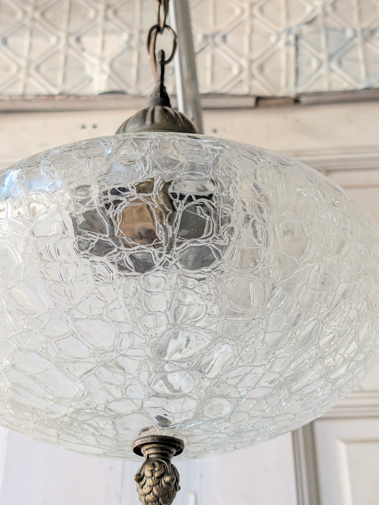Vintage MCM Crackled Glass Globe Pendant Light