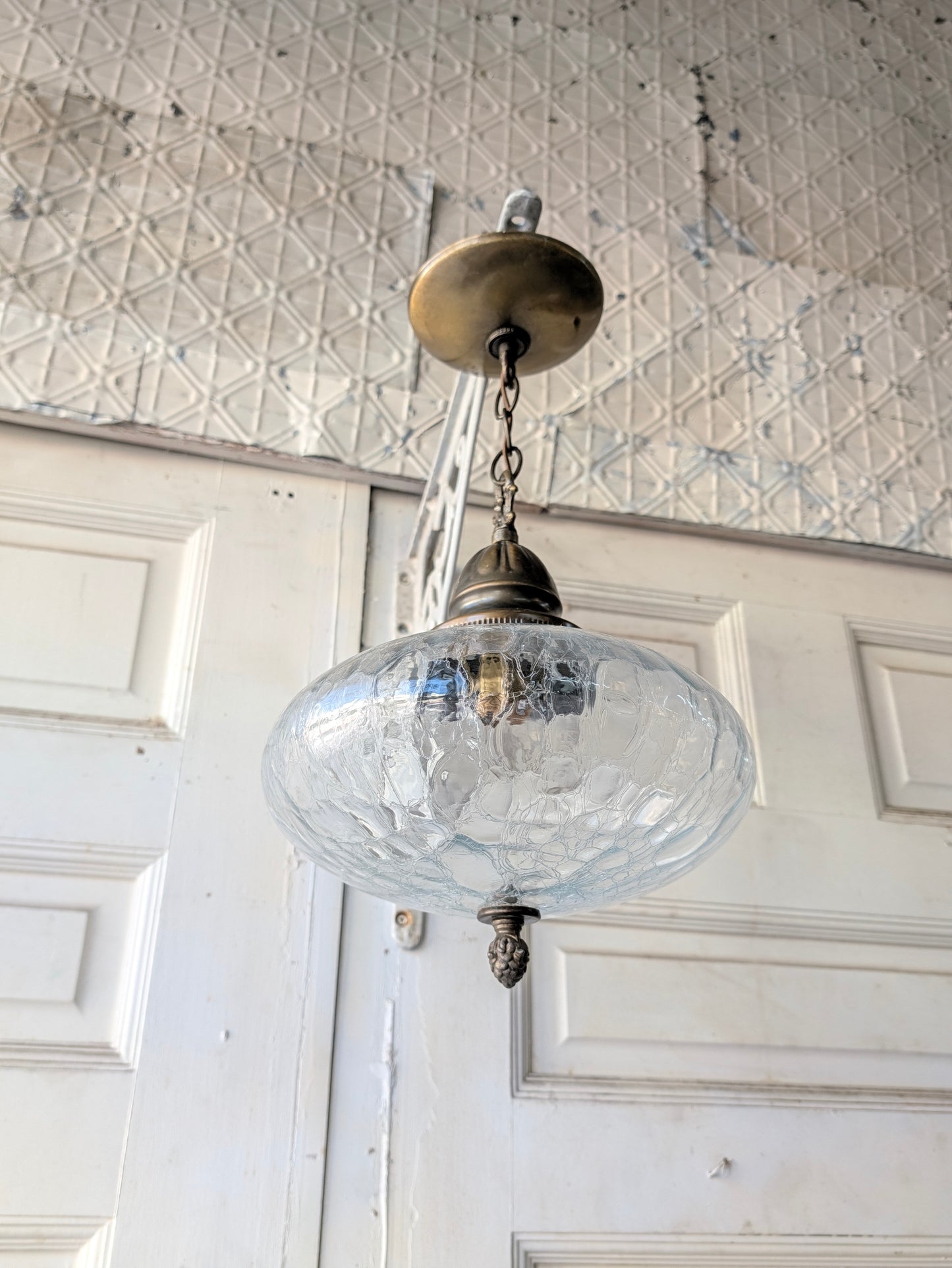 Vintage MCM Crackled Glass Globe Pendant Light