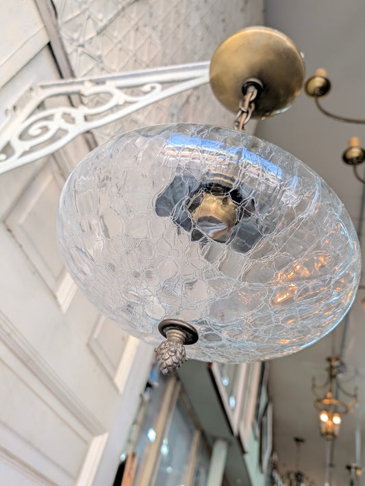 Vintage MCM Crackled Glass Globe Pendant Light