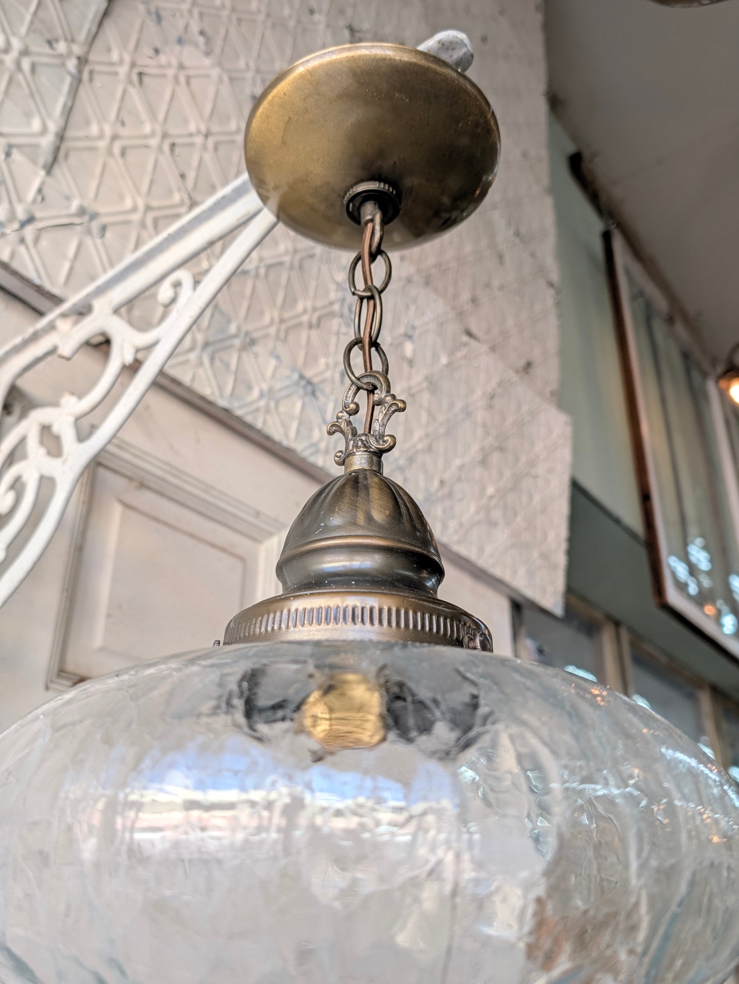 Vintage MCM Crackled Glass Globe Pendant Light
