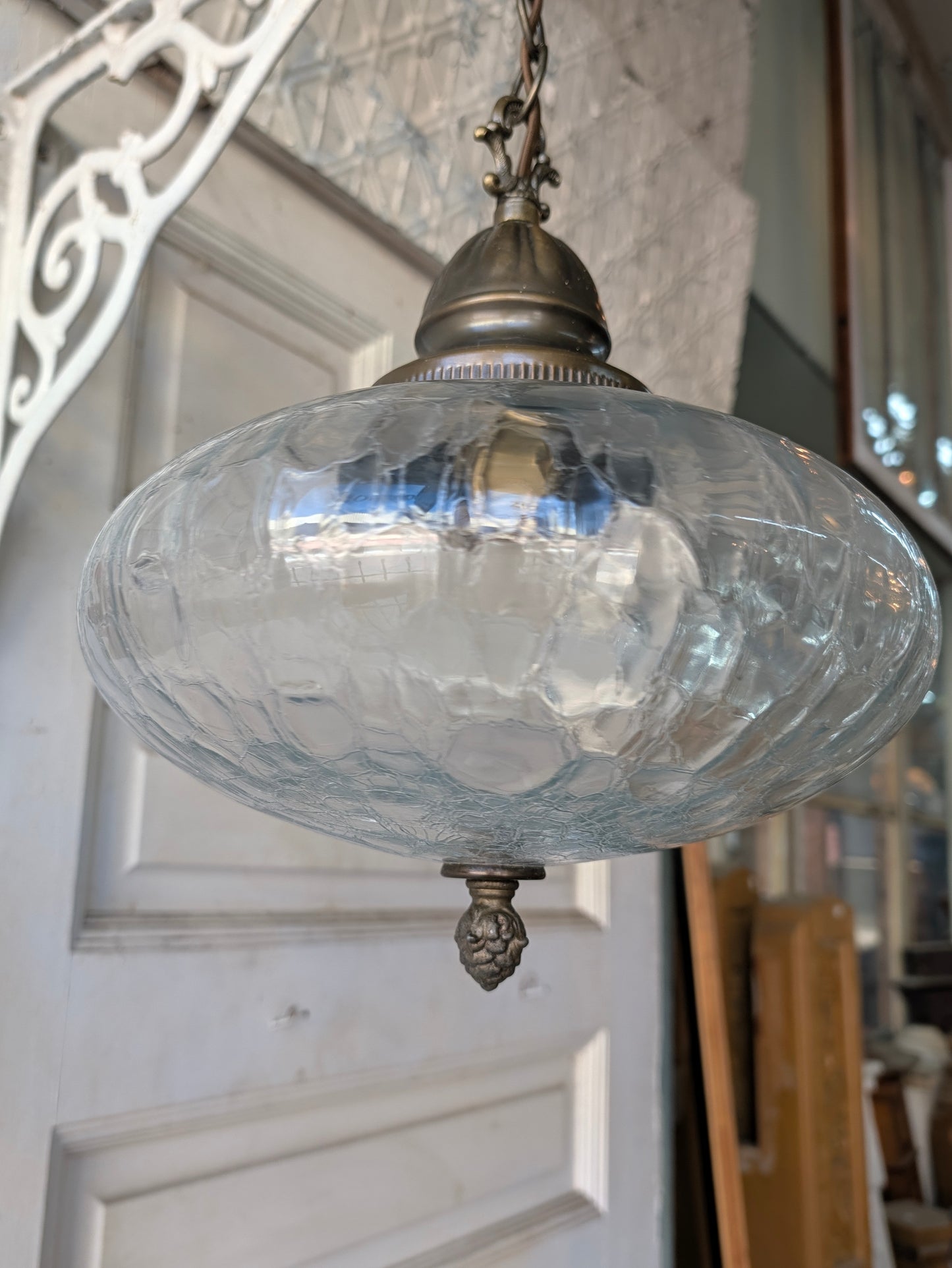 Vintage MCM Crackled Glass Globe Pendant Light