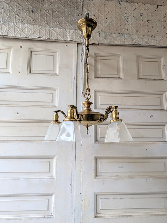 Antique Brass Pan Light with Square Glass Shades - Refurbished Chandelier