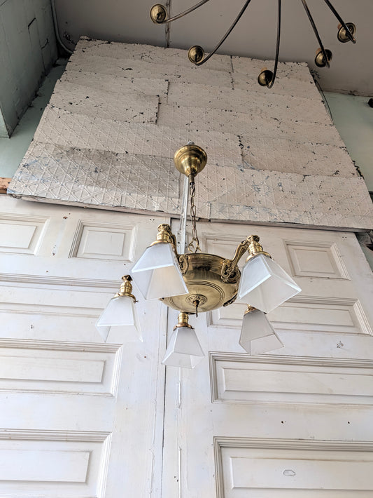 Antique Brass Pan Light with Square Glass Shades - Refurbished Chandelier