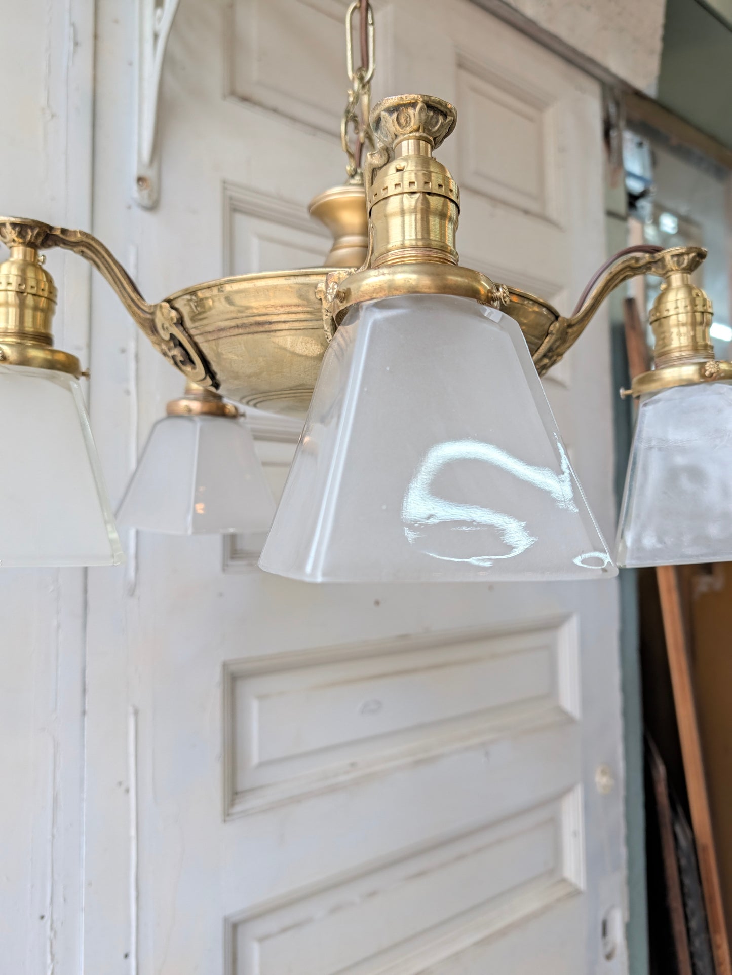 Antique Brass Pan Light with Square Glass Shades - Refurbished Chandelier